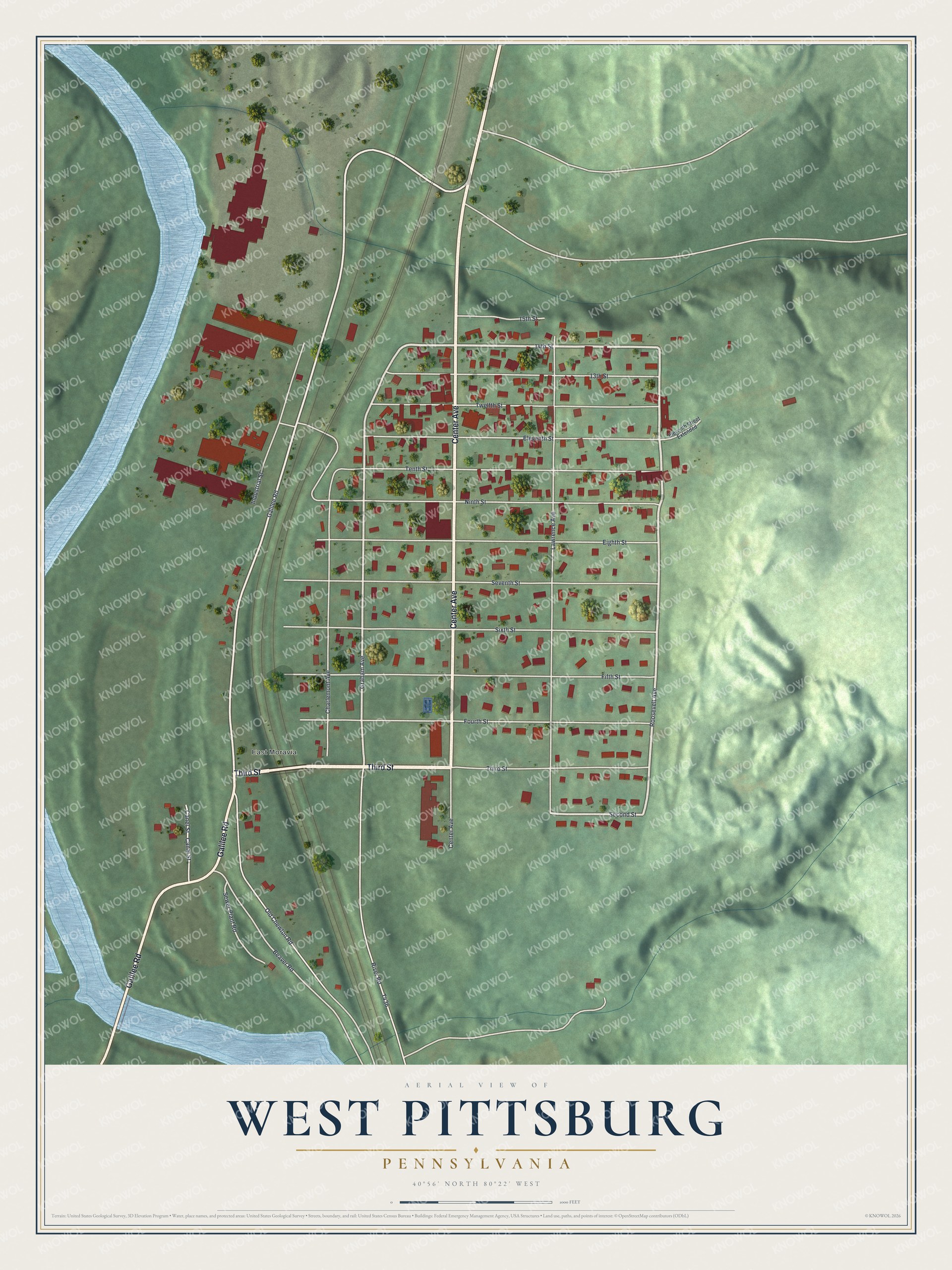 Full map of West Pittsburg, Pennsylvania, with red buildings, printed street names and the land around them