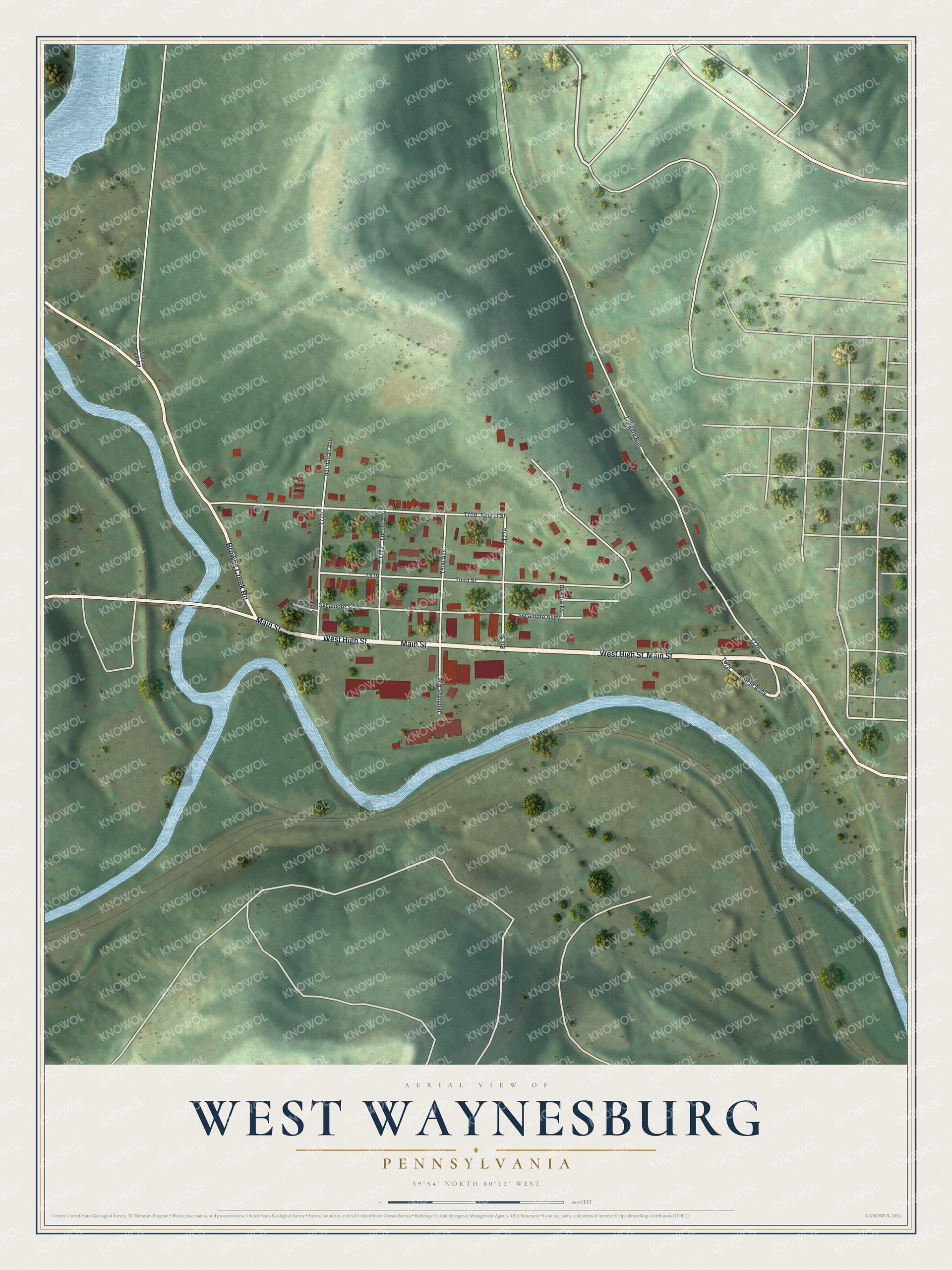 Full map of West Waynesburg, Pennsylvania, with red buildings, printed street names and the land around them