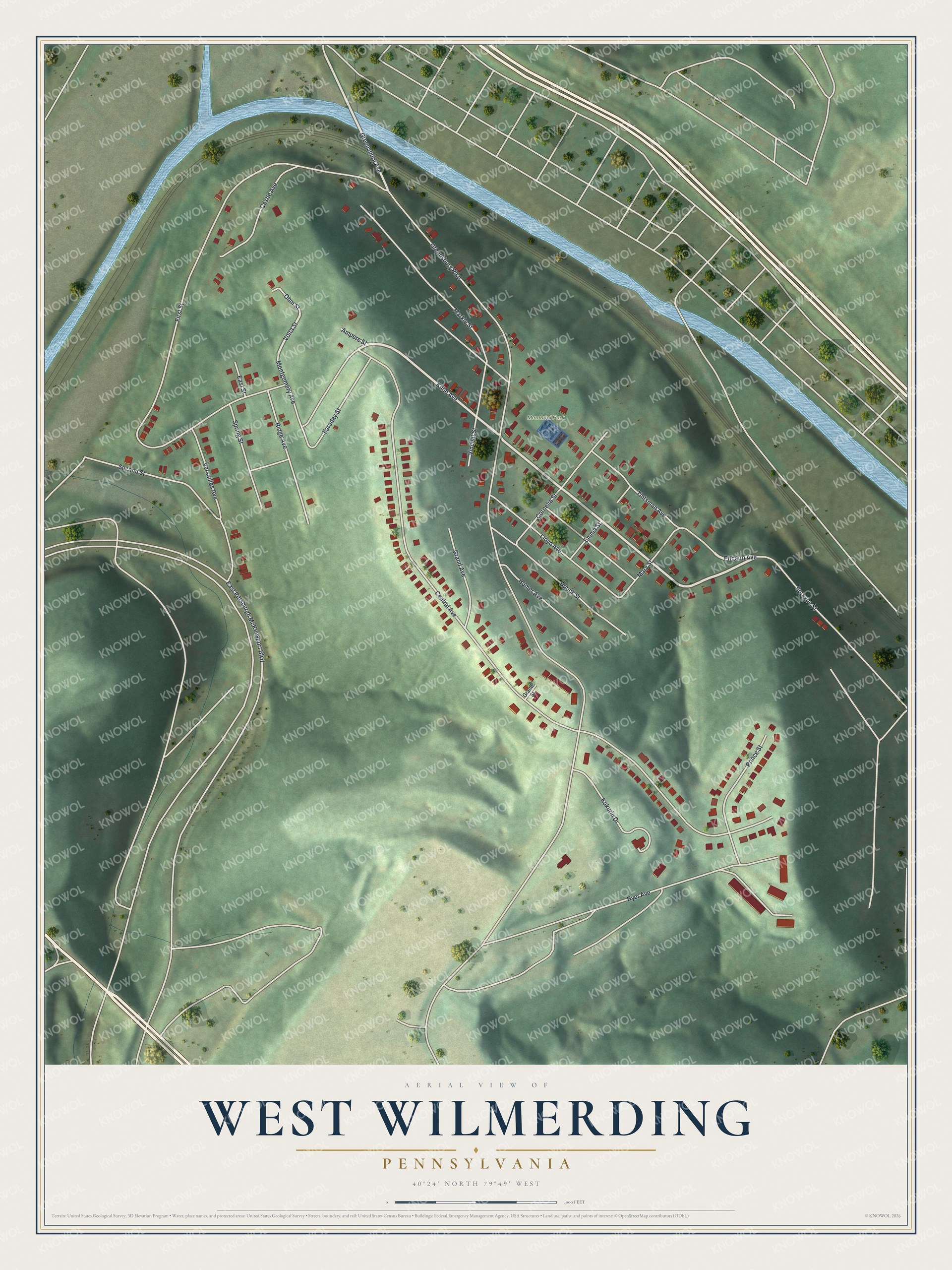Full map of West Wilmerding, Pennsylvania, with red buildings, printed street names and the land around them