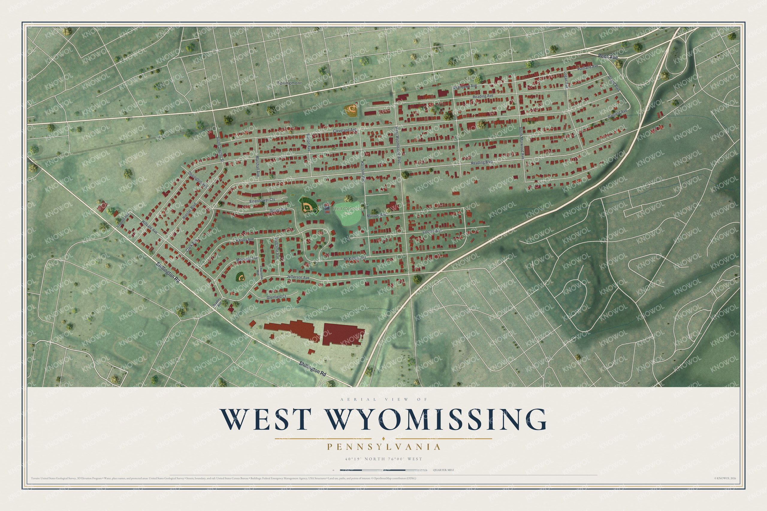 Full map of West Wyomissing, Pennsylvania, with red buildings, printed street names and the land around them