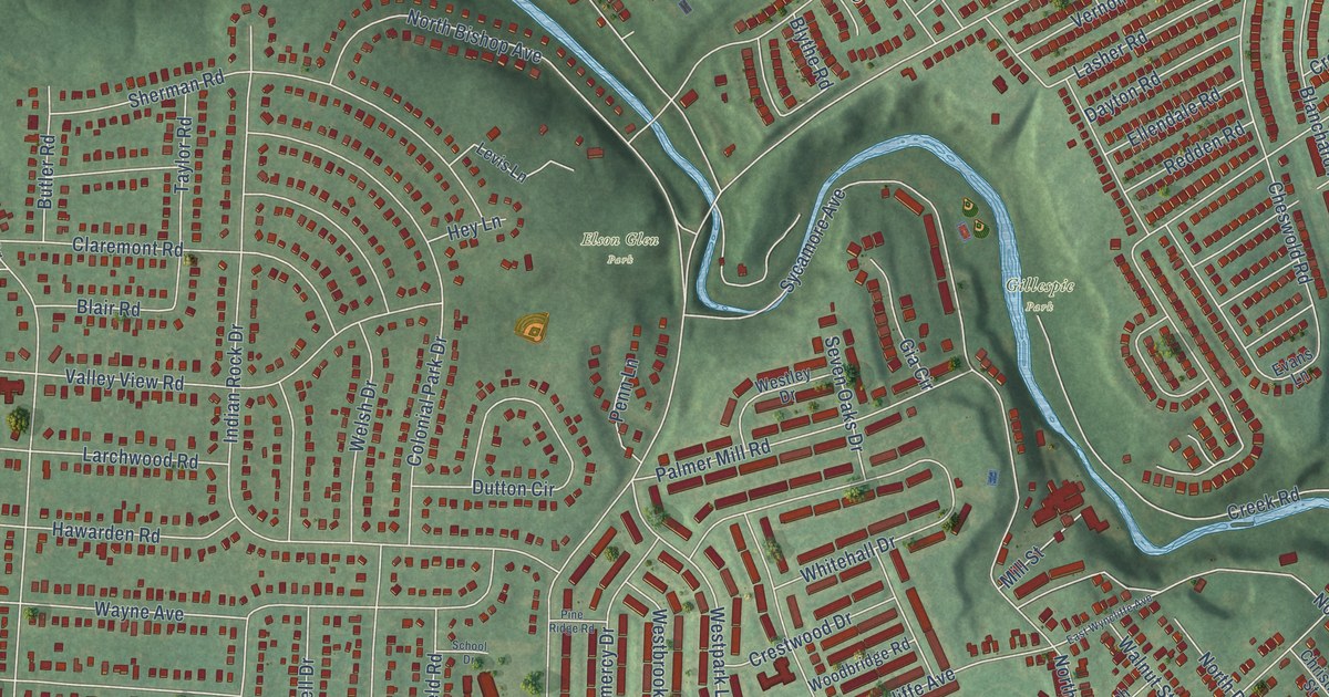 Close-up of streets and buildings in Westbrook Park, Pennsylvania