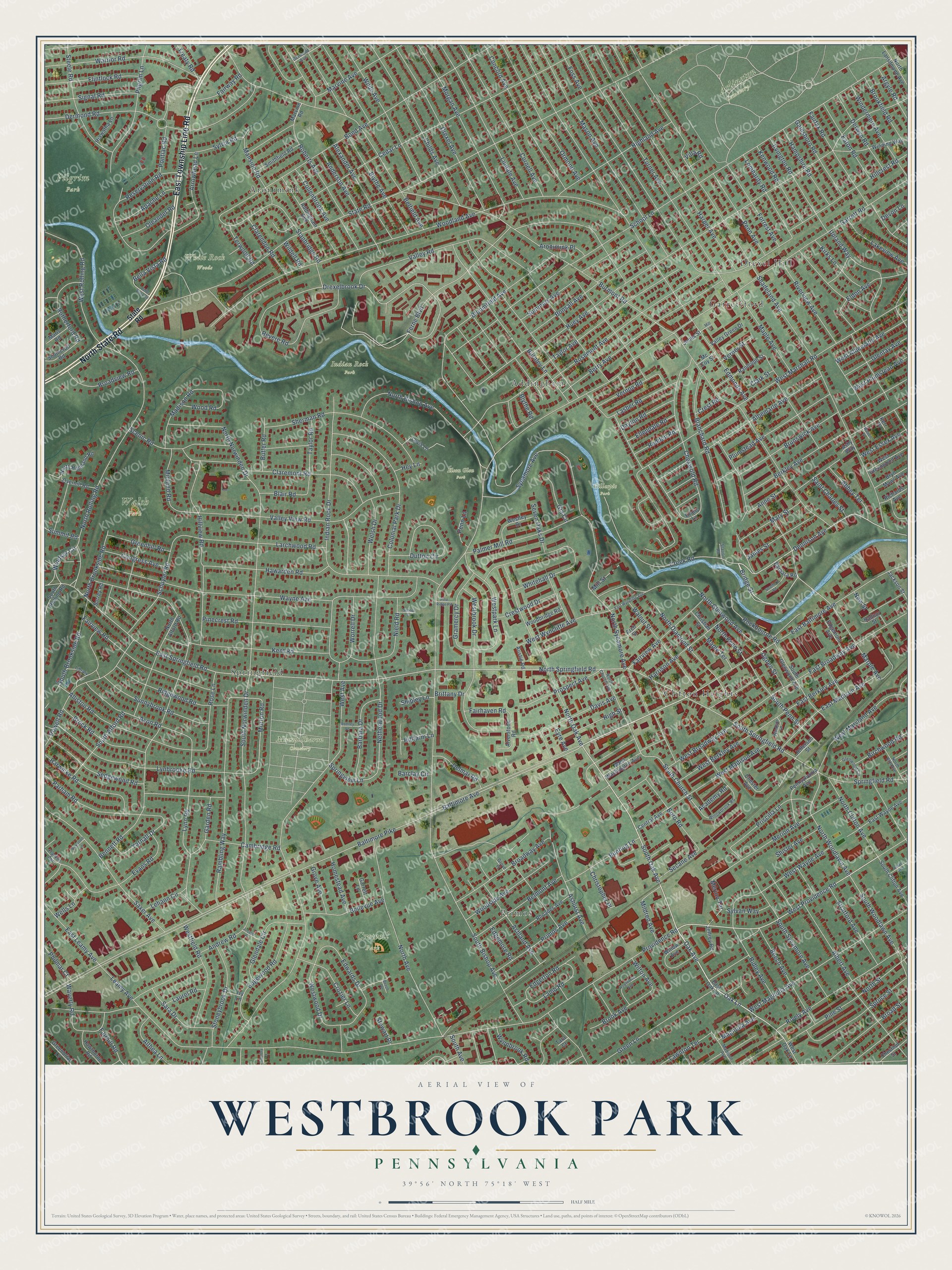 Full map of Westbrook Park, Pennsylvania, with red buildings, printed street names and the land around them