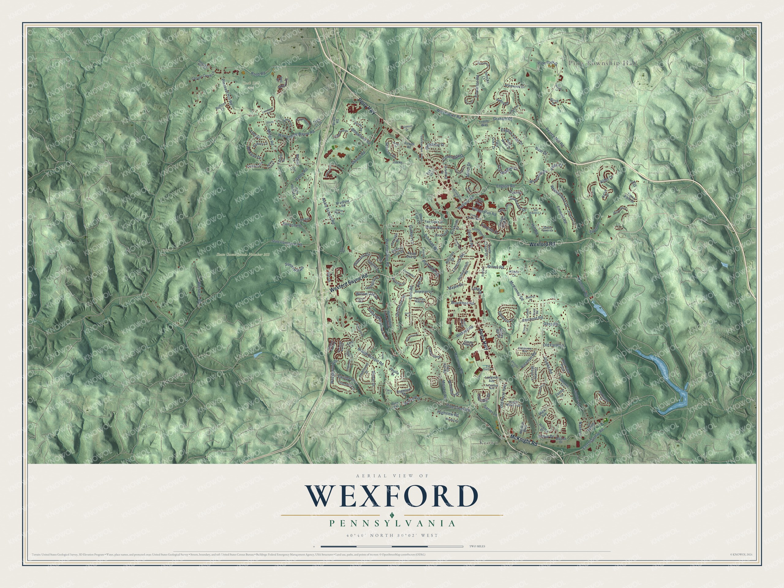 Full map of Wexford, Pennsylvania, with red buildings, printed street names and the land around them