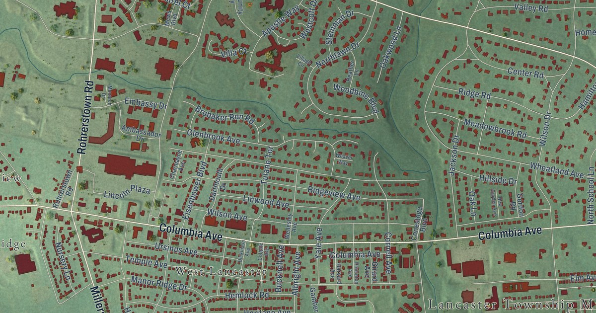 Close-up of streets and buildings in Wheatland, Pennsylvania