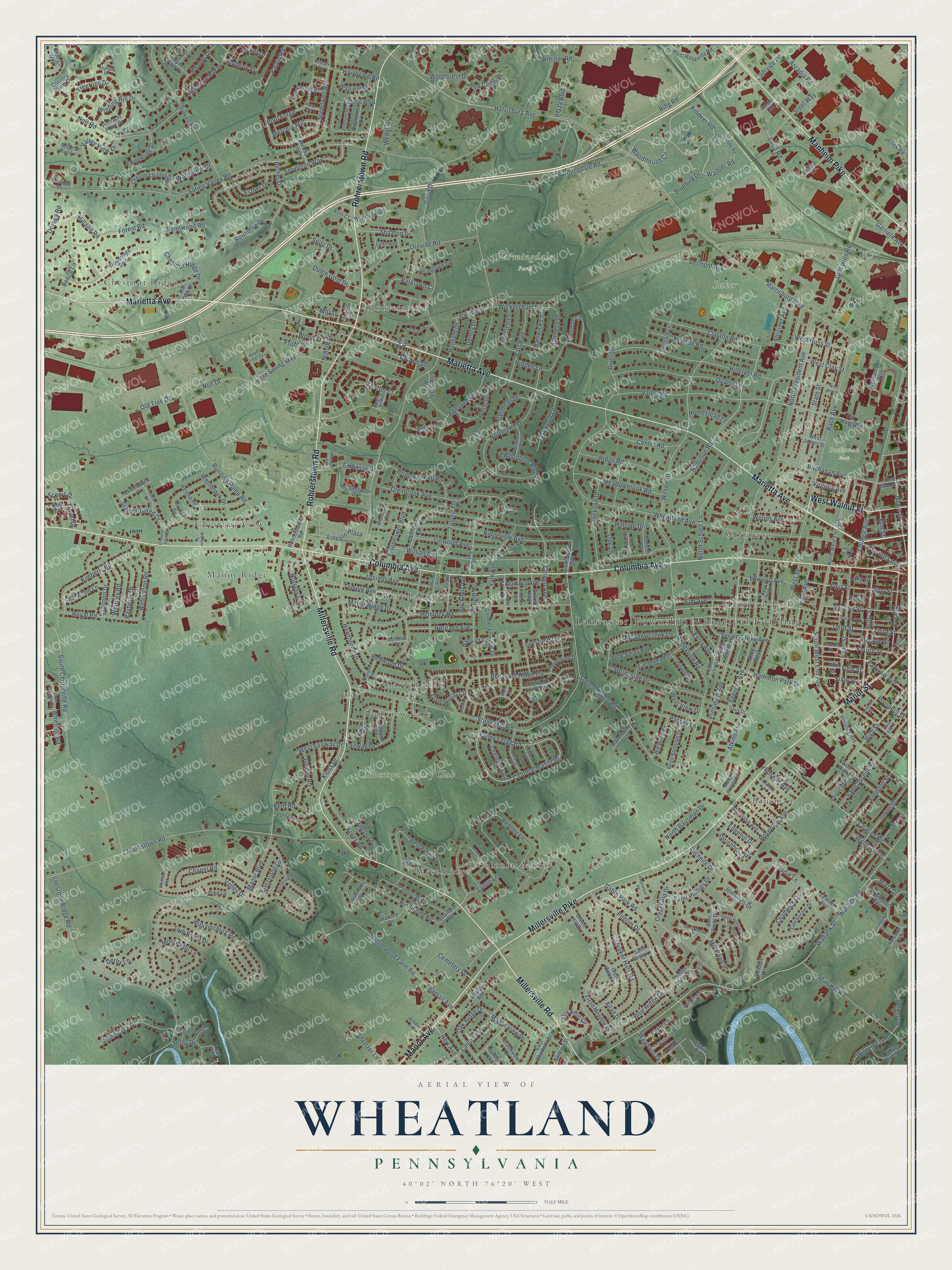 Full map of Wheatland, Pennsylvania, with red buildings, printed street names and the land around them