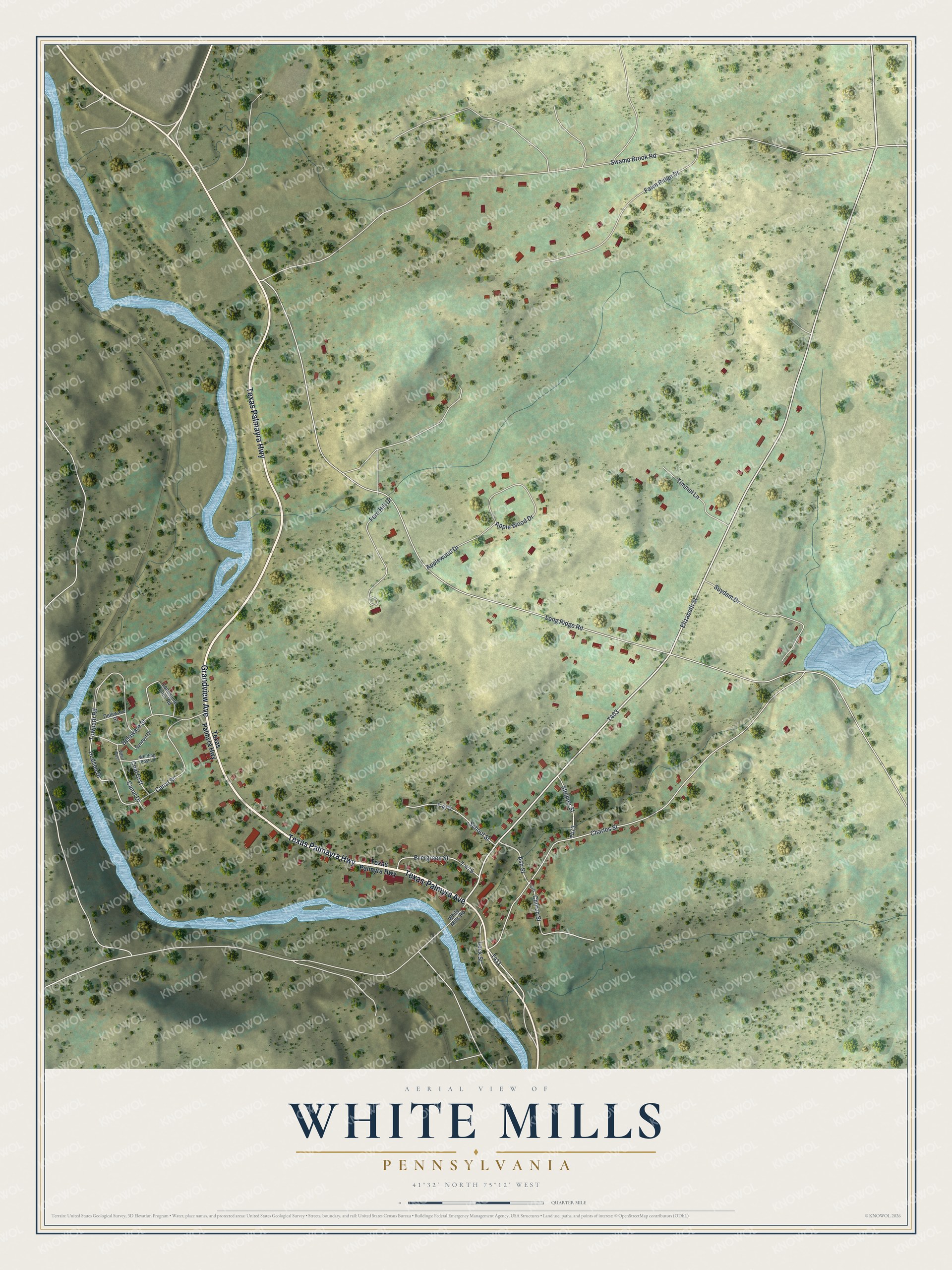 Full map of White Mills, Pennsylvania, with red buildings, printed street names and the land around them