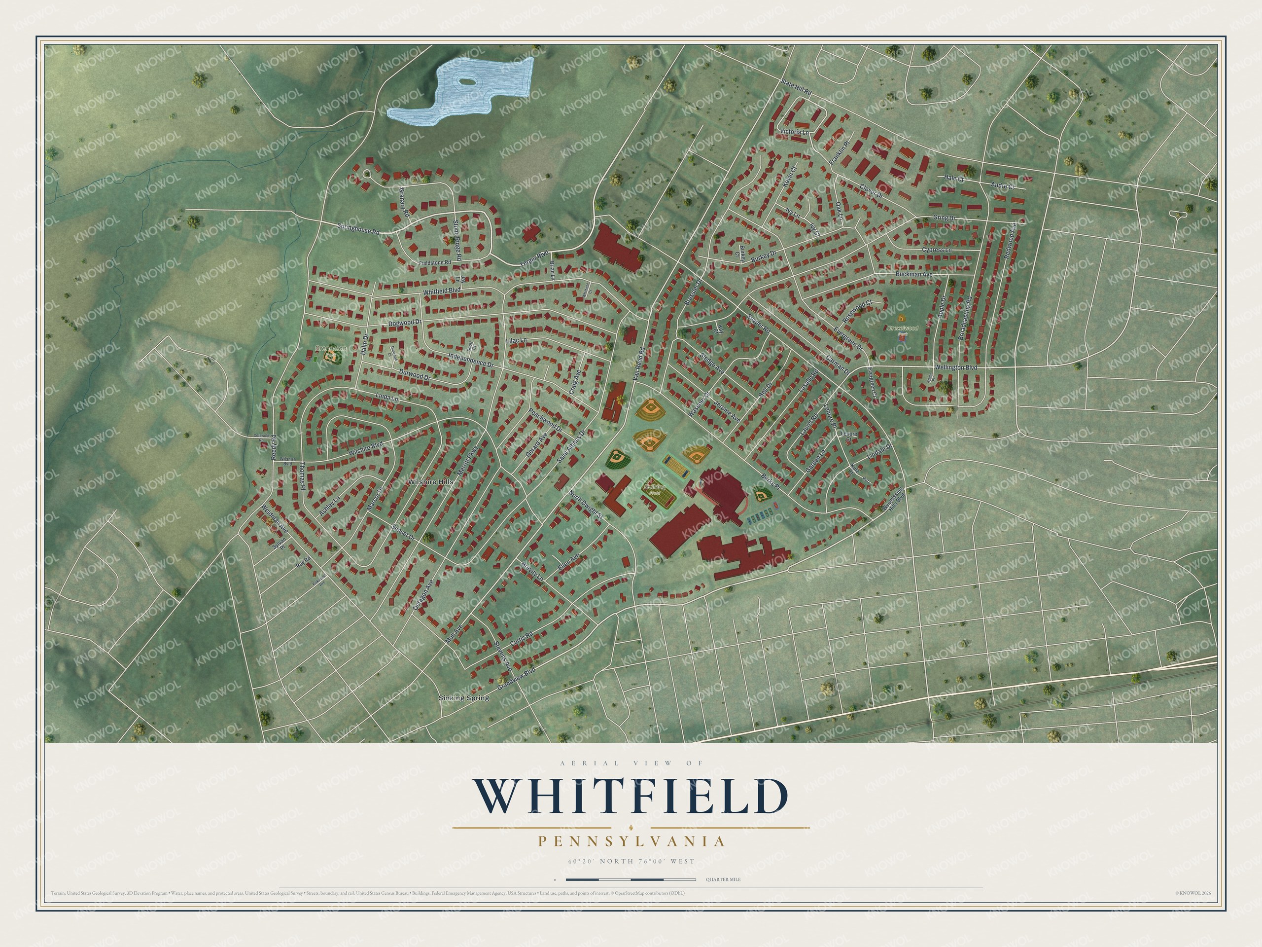 Full map of Whitfield, Pennsylvania, with red buildings, printed street names and the land around them