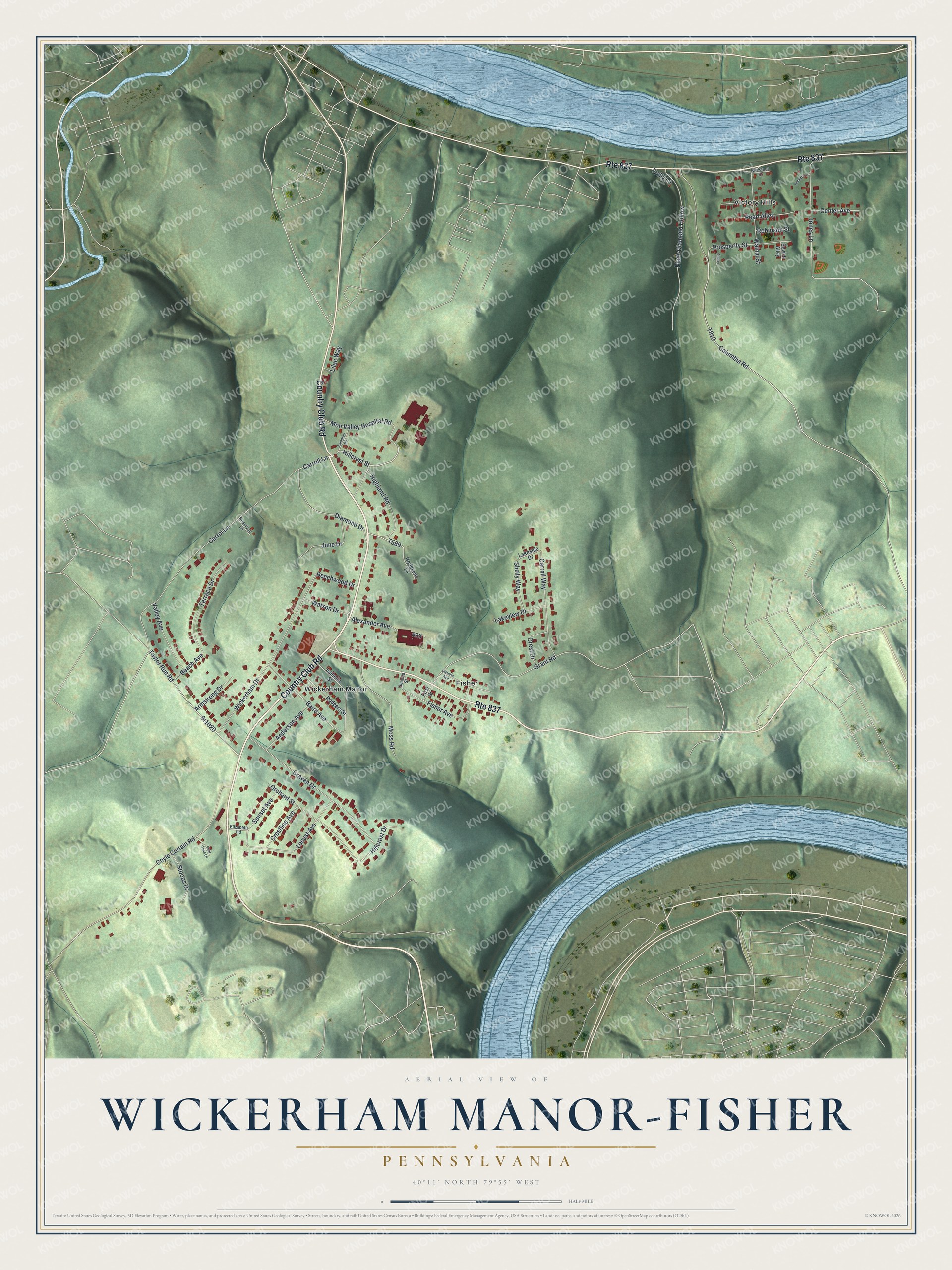 Full map of Wickerham Manor-Fisher, Pennsylvania, with red buildings, printed street names and the land around them