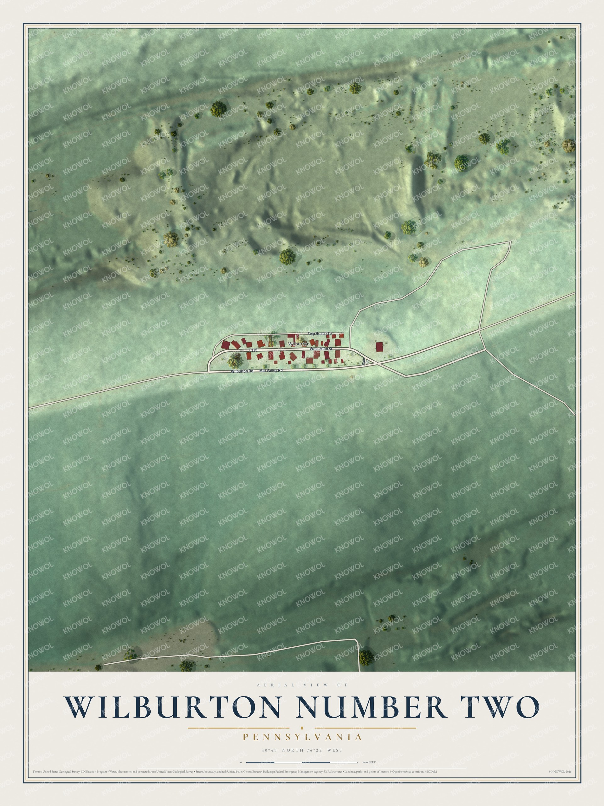 Full map of Wilburton Number Two, Pennsylvania, with red buildings, printed street names and the land around them