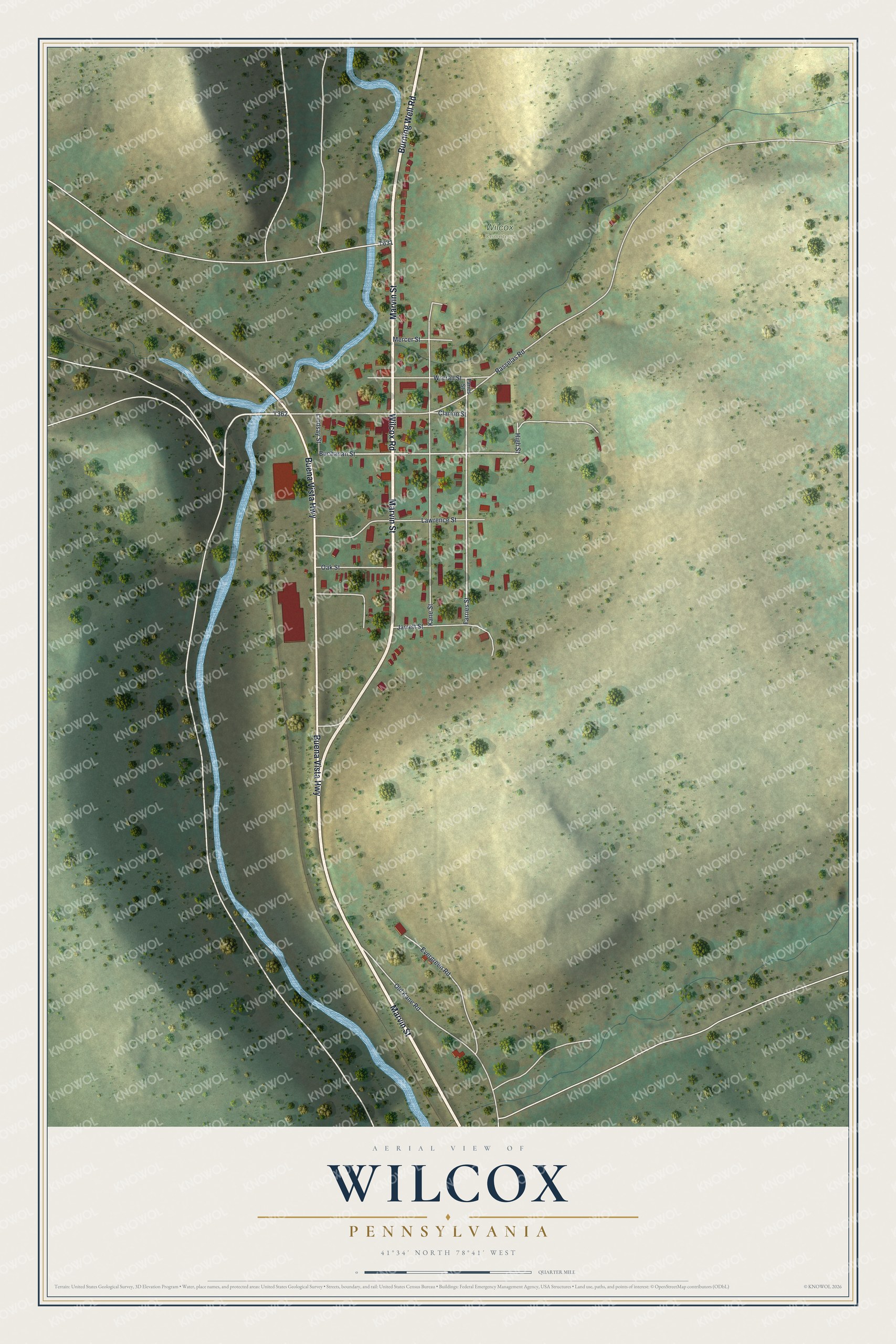 Full map of Wilcox, Pennsylvania, with red buildings, printed street names and the land around them
