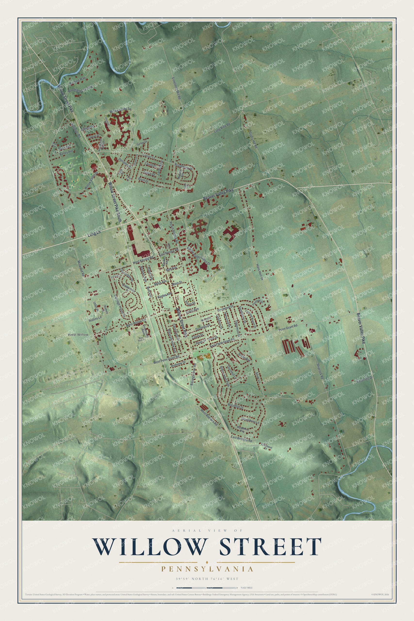 Full map of Willow Street, Pennsylvania, with red buildings, printed street names and the land around them