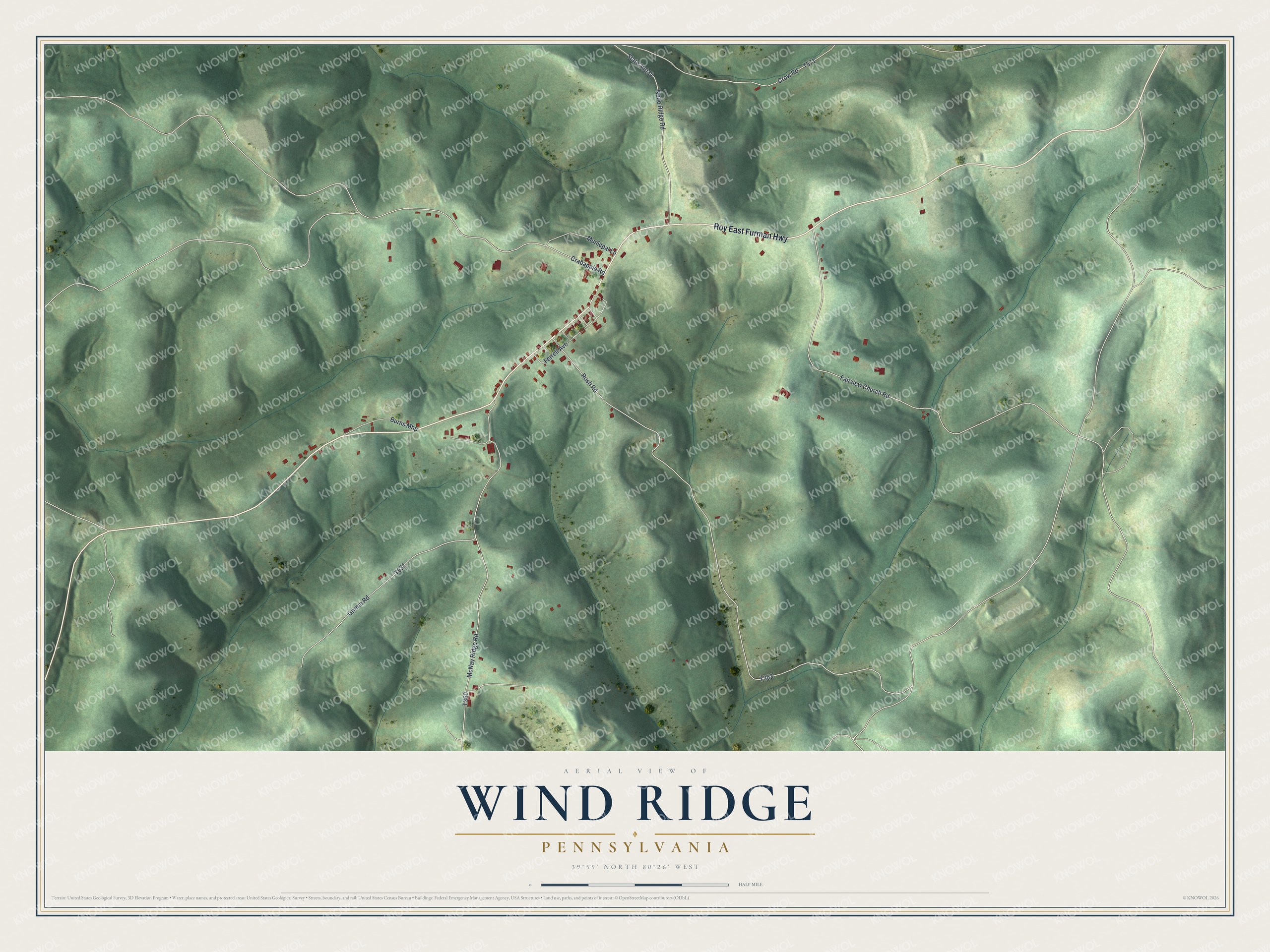 Full map of Wind Ridge, Pennsylvania, with red buildings, printed street names and the land around them