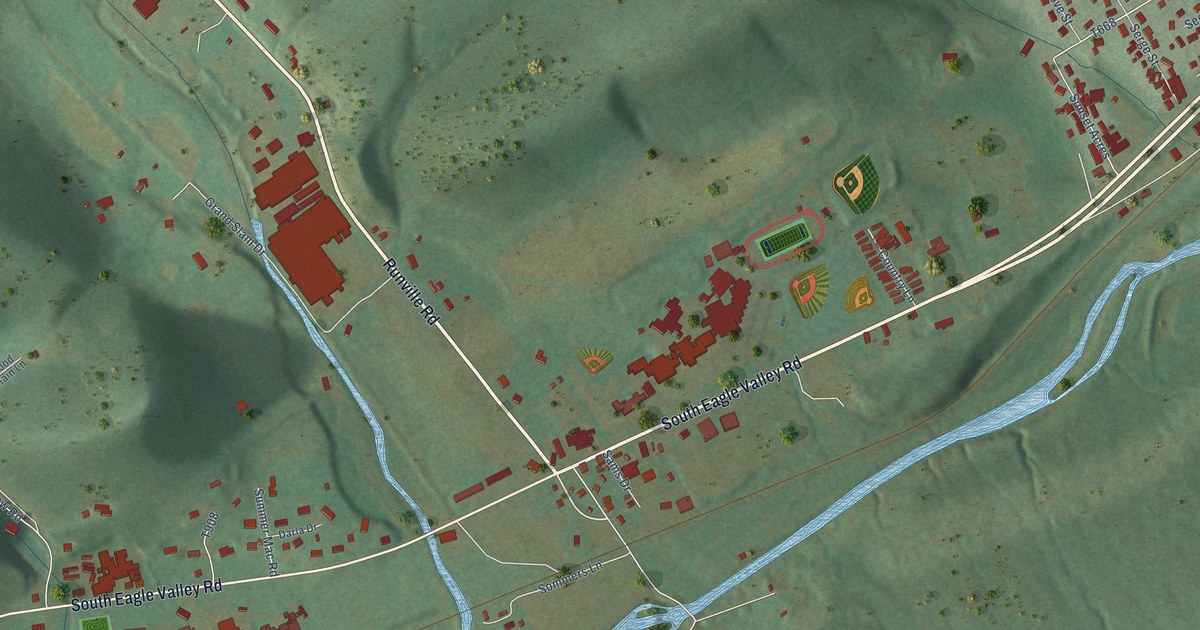 Close-up of streets and buildings in Wingate, Pennsylvania