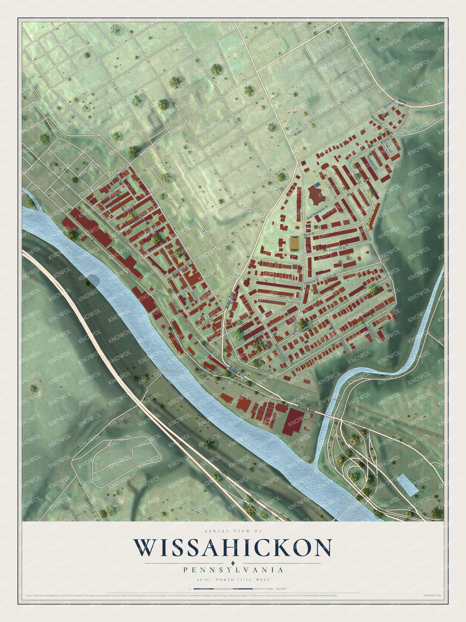 Full map of Wissahickon, Pennsylvania, with red buildings, printed street names and the land around them