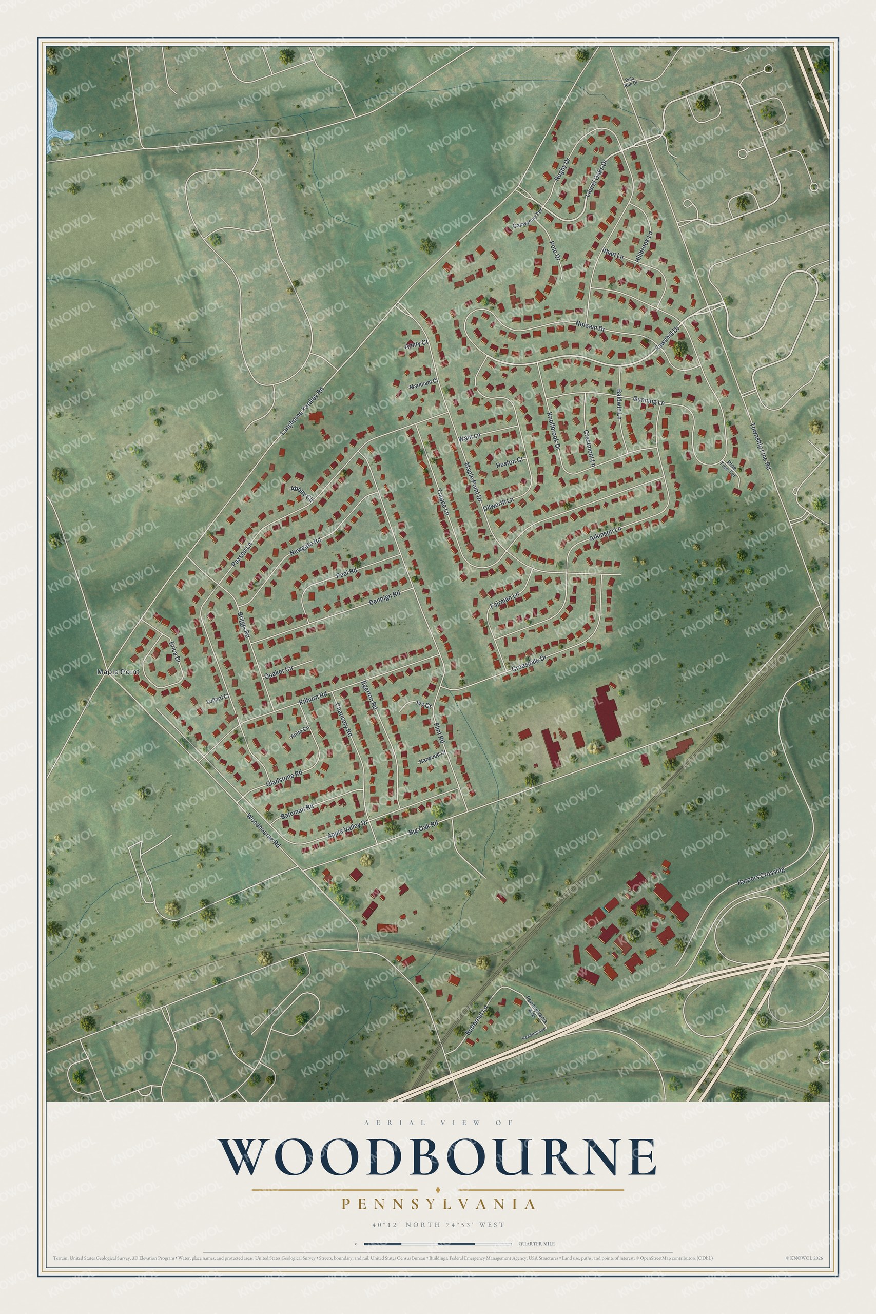 Full map of Woodbourne, Pennsylvania, with red buildings, printed street names and the land around them