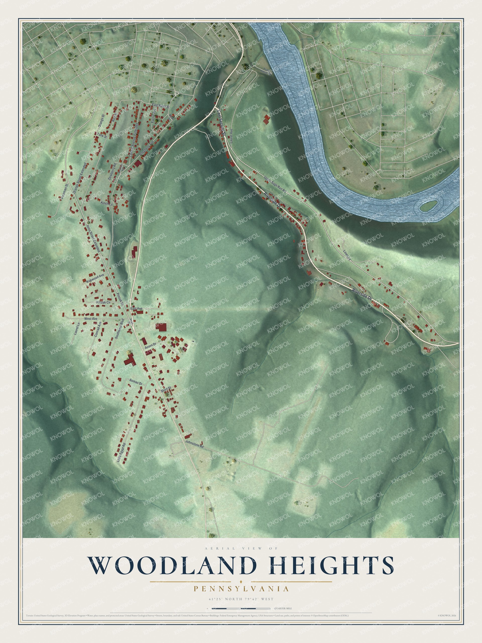 Watermarked full-map preview of Woodland Heights, Pennsylvania
