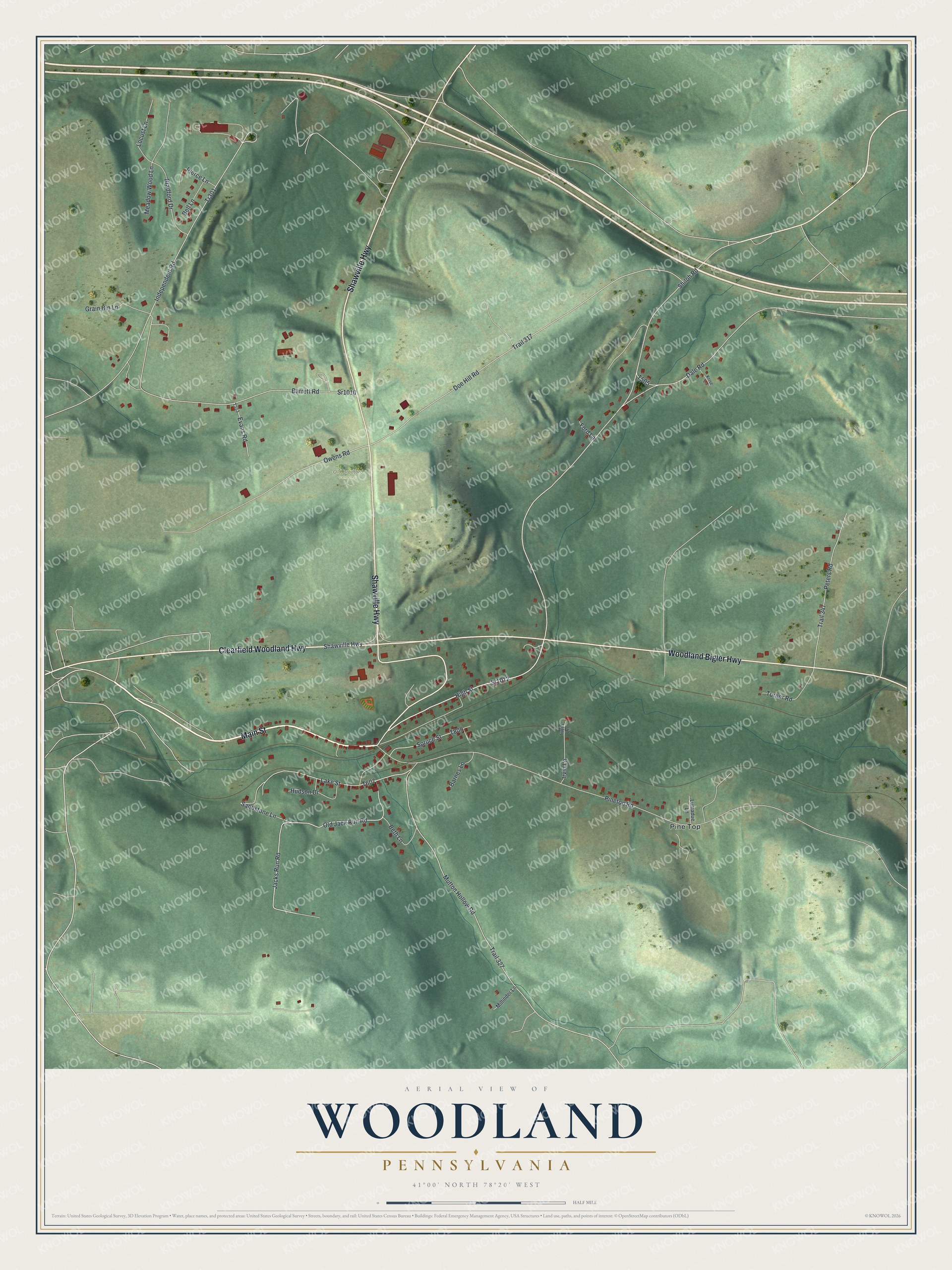 Full map of Woodland, Pennsylvania, with red buildings, printed street names and the land around them