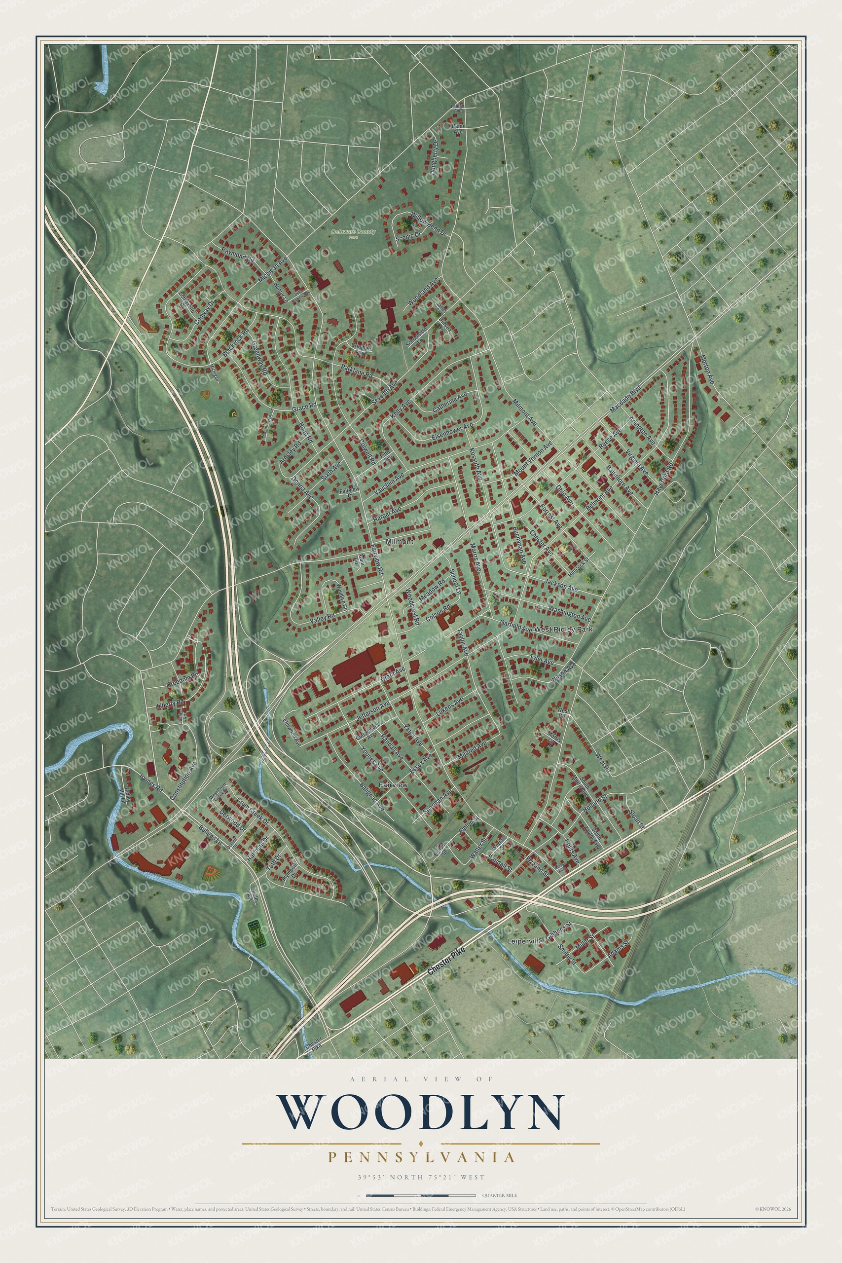Full map of Woodlyn, Pennsylvania, with red buildings, printed street names and the land around them