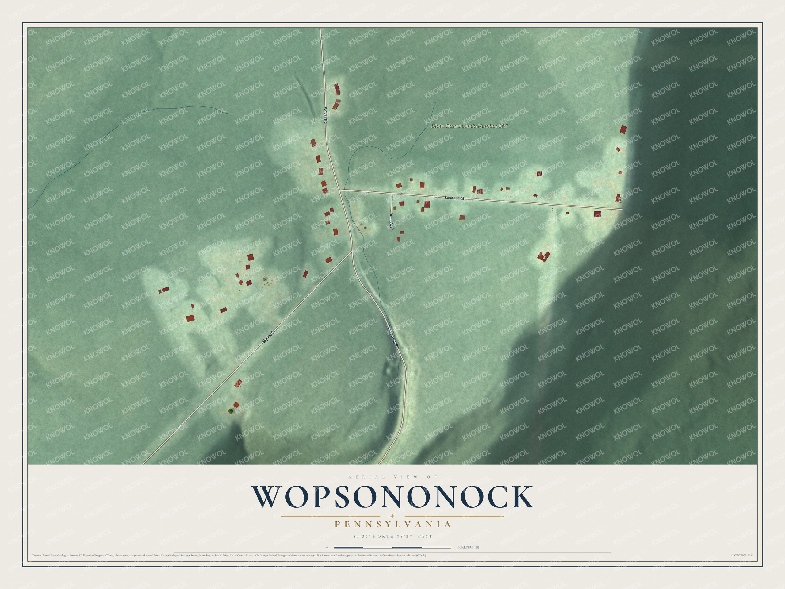 Full map of Wopsononock, Pennsylvania, with red buildings, printed street names and the land around them