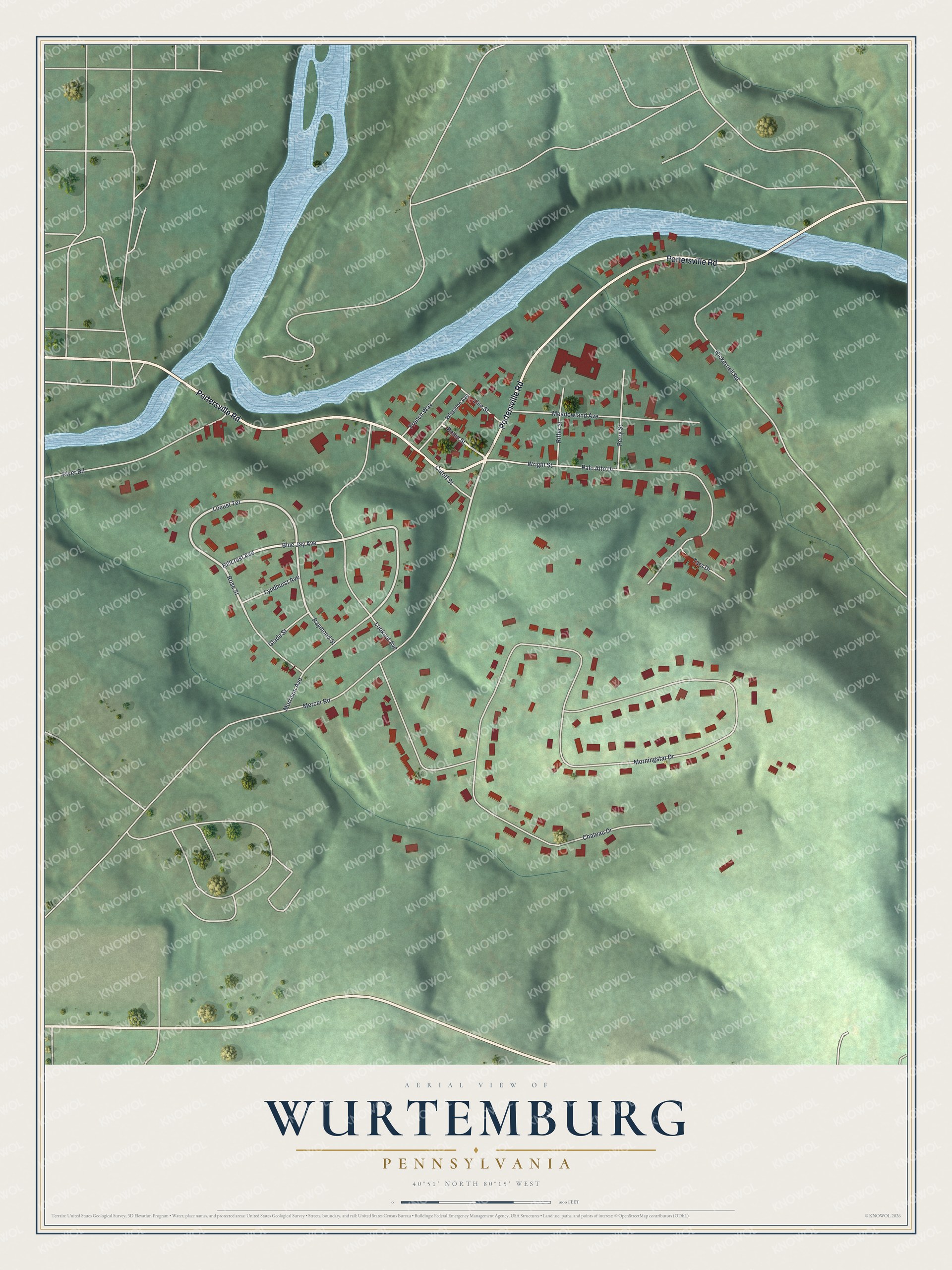 Full map of Wurtemburg, Pennsylvania, with red buildings, printed street names and the land around them