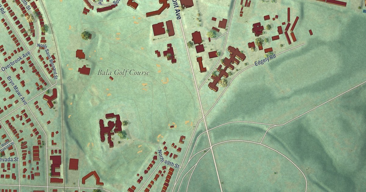Close-up of streets and buildings in Wynnefield, Pennsylvania