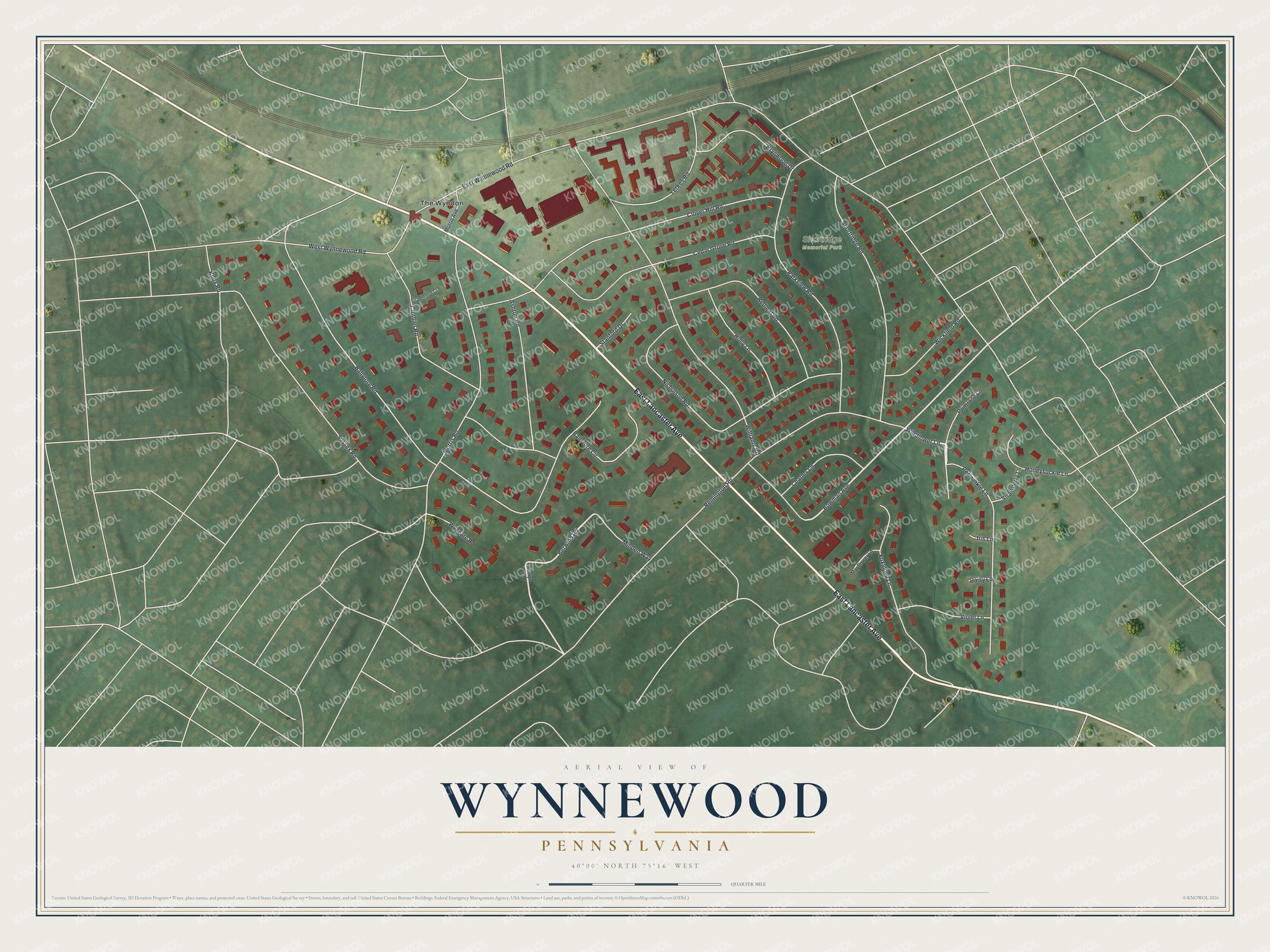 Full map of Wynnewood, Pennsylvania, with red buildings, printed street names and the land around them