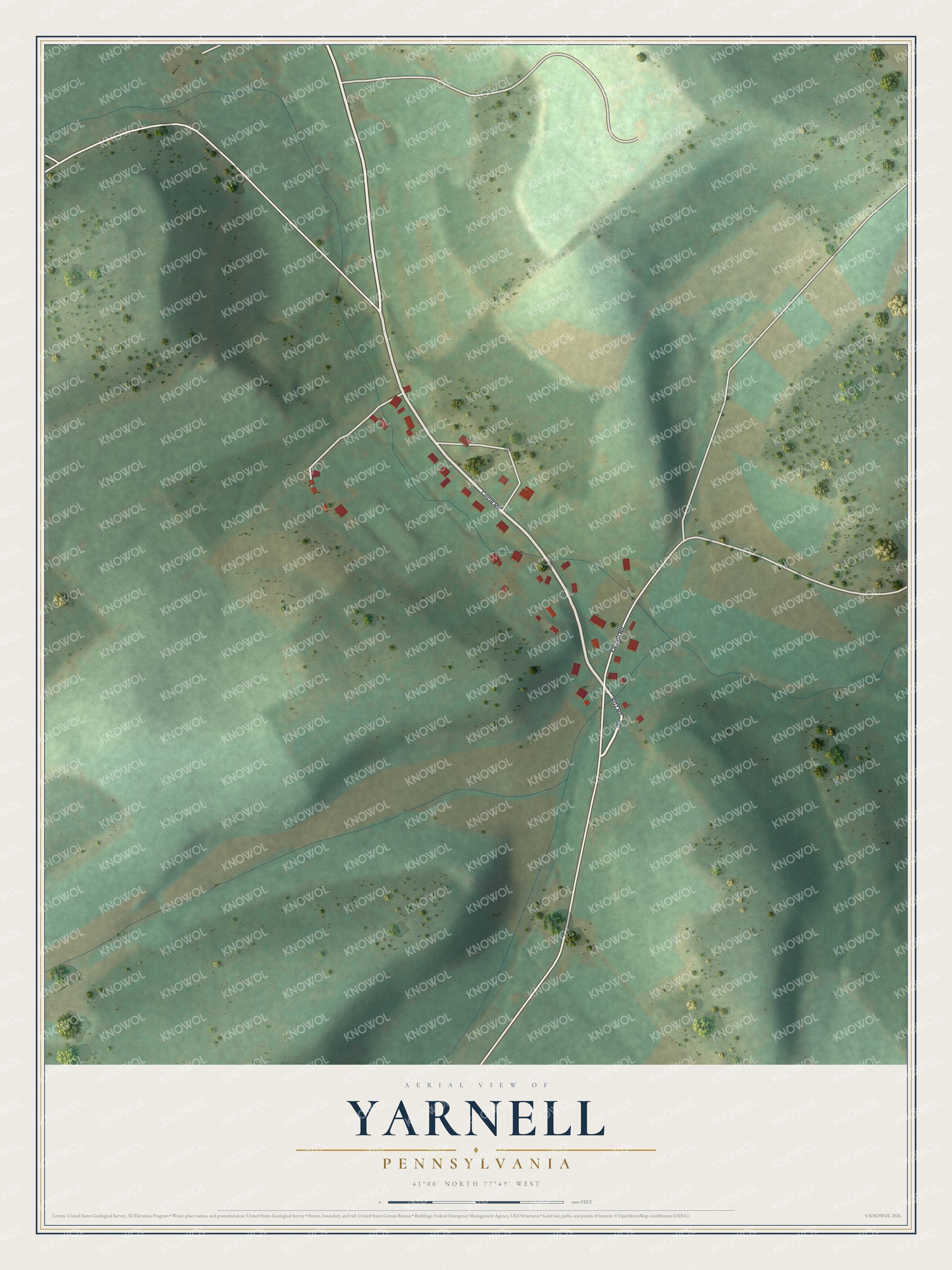 Full map of Yarnell, Pennsylvania, with red buildings, printed street names and the land around them