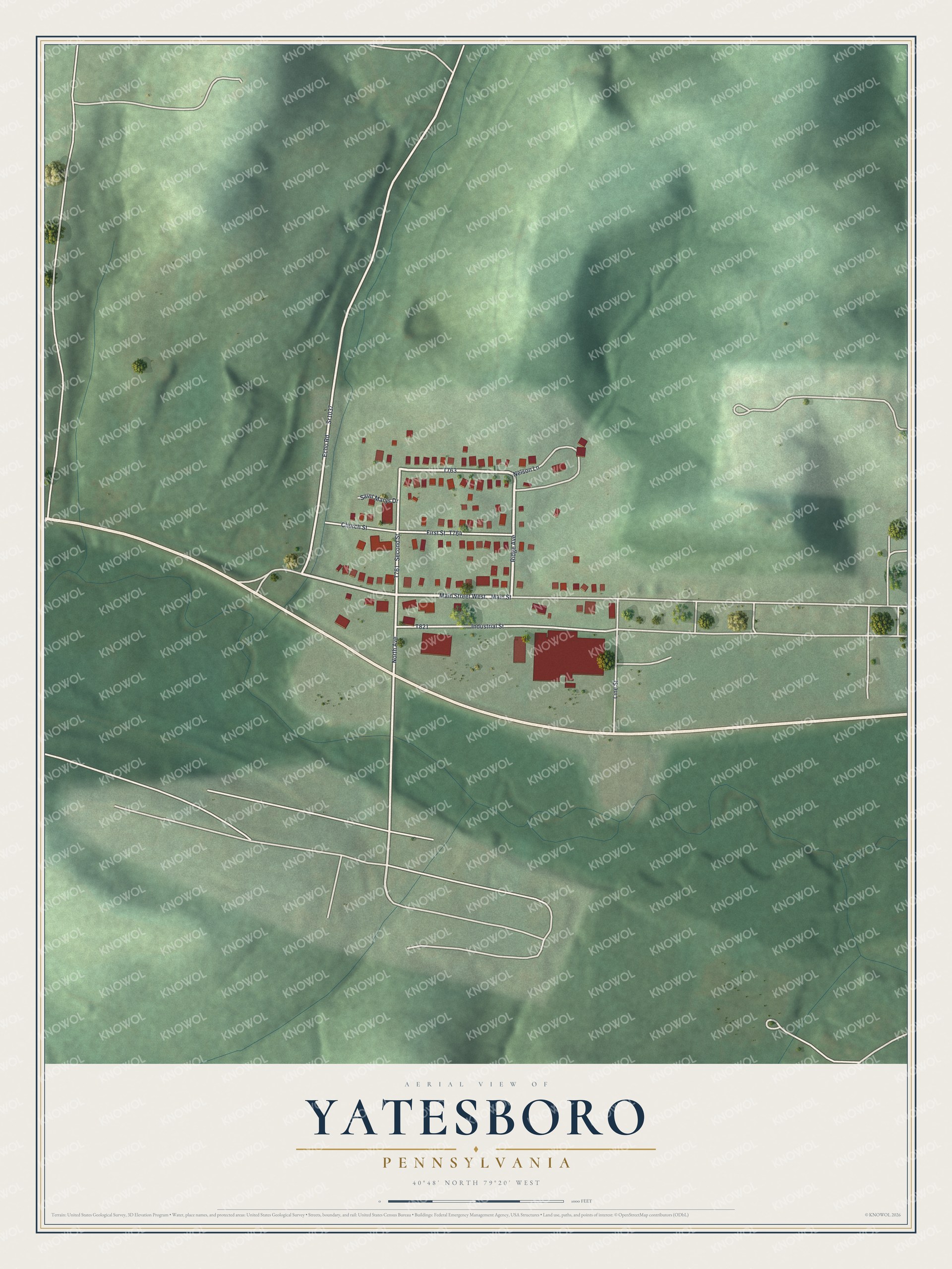 Full map of Yatesboro, Pennsylvania, with red buildings, printed street names and the land around them
