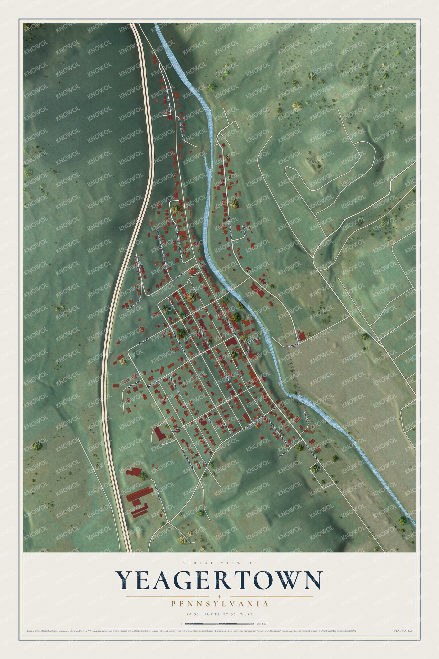 Full map of Yeagertown, Pennsylvania, with red buildings, printed street names and the land around them