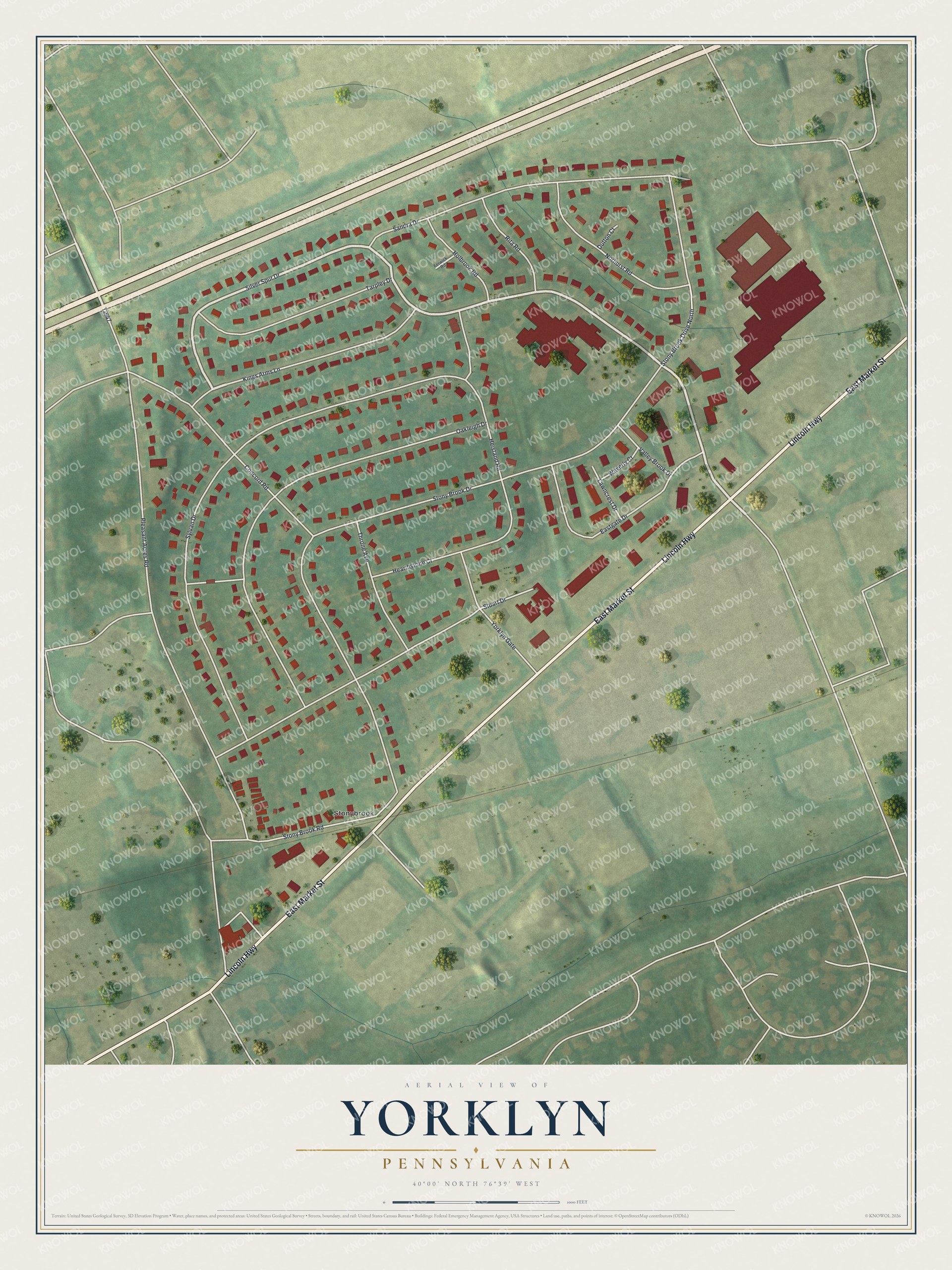 Full map of Yorklyn, Pennsylvania, with red buildings, printed street names and the land around them