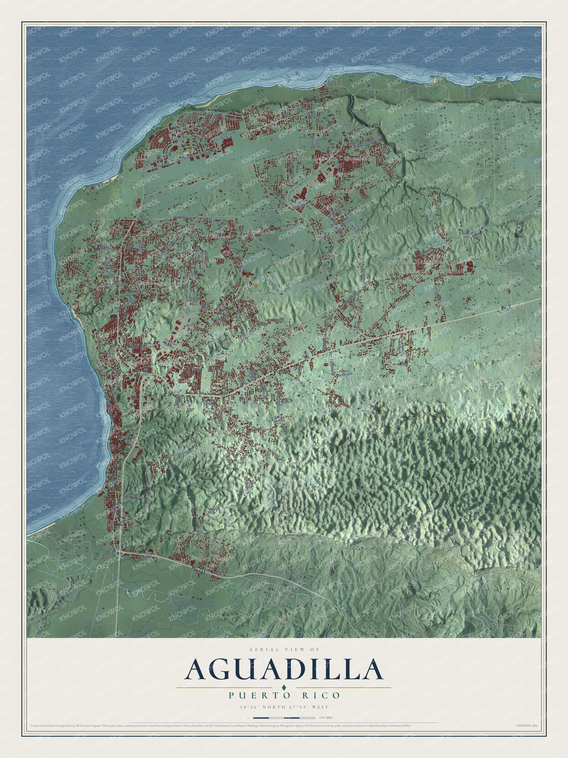 Full map of Aguadilla, Puerto Rico, with red buildings, printed street names and the land around them