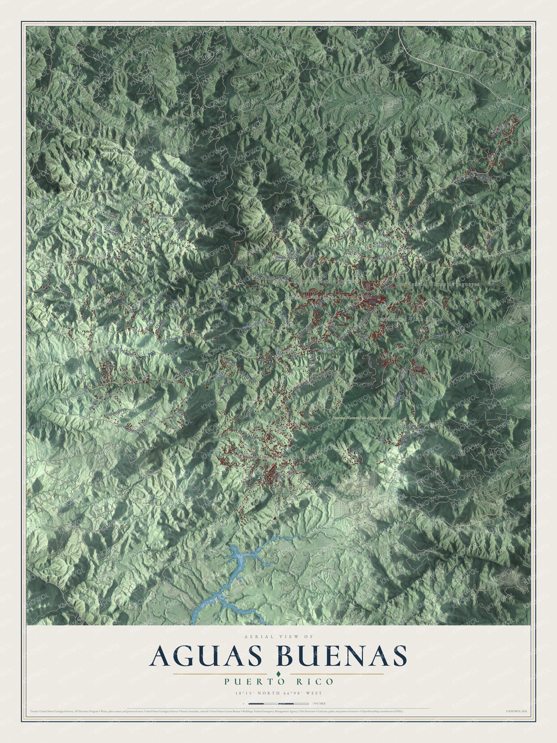 Full map of Aguas Buenas, Puerto Rico, with red buildings, printed street names and the land around them