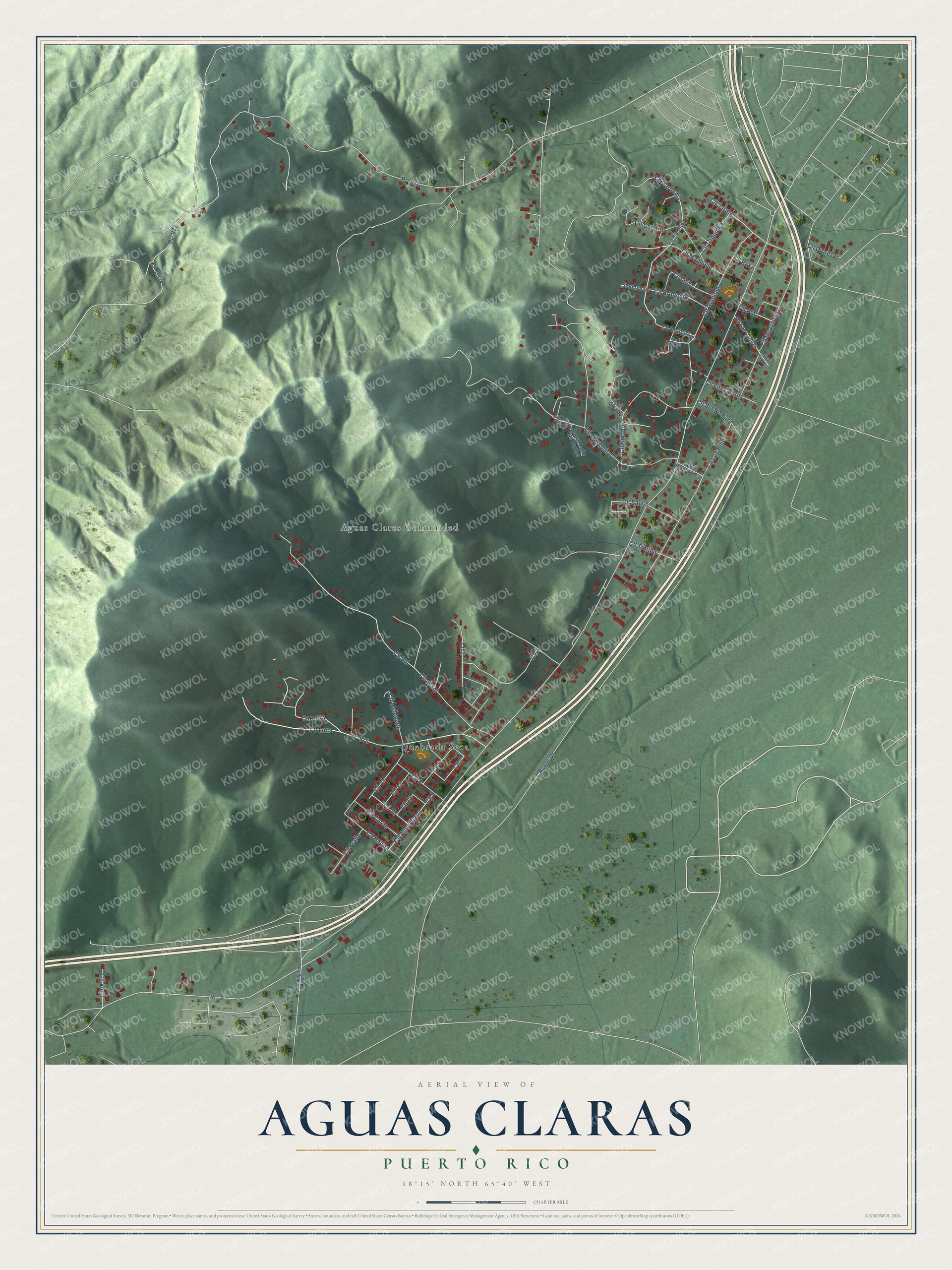 Full map of Aguas Claras, Puerto Rico, with red buildings, printed street names and the land around them