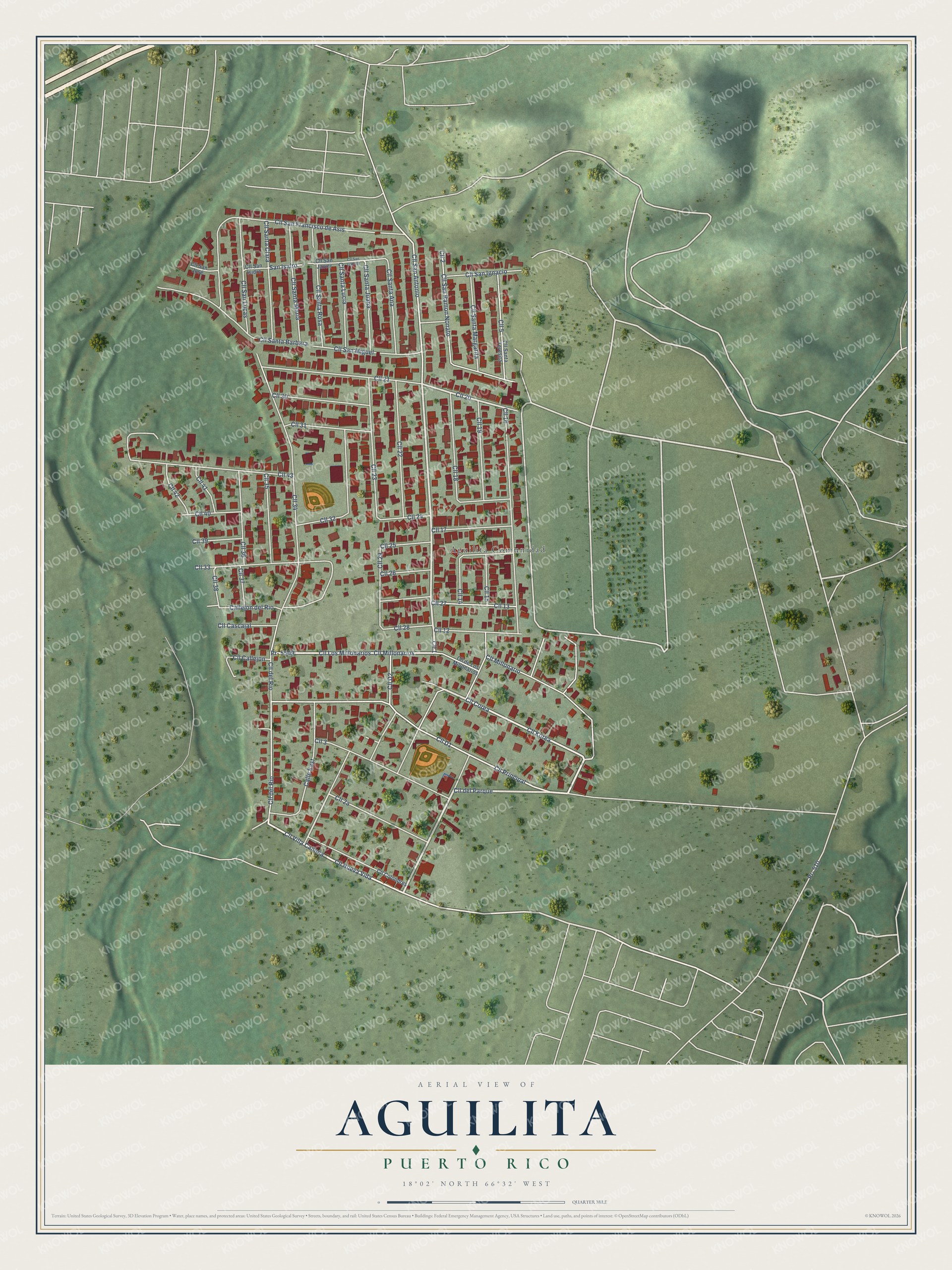 Full map of Aguilita, Puerto Rico, with red buildings, printed street names and the land around them