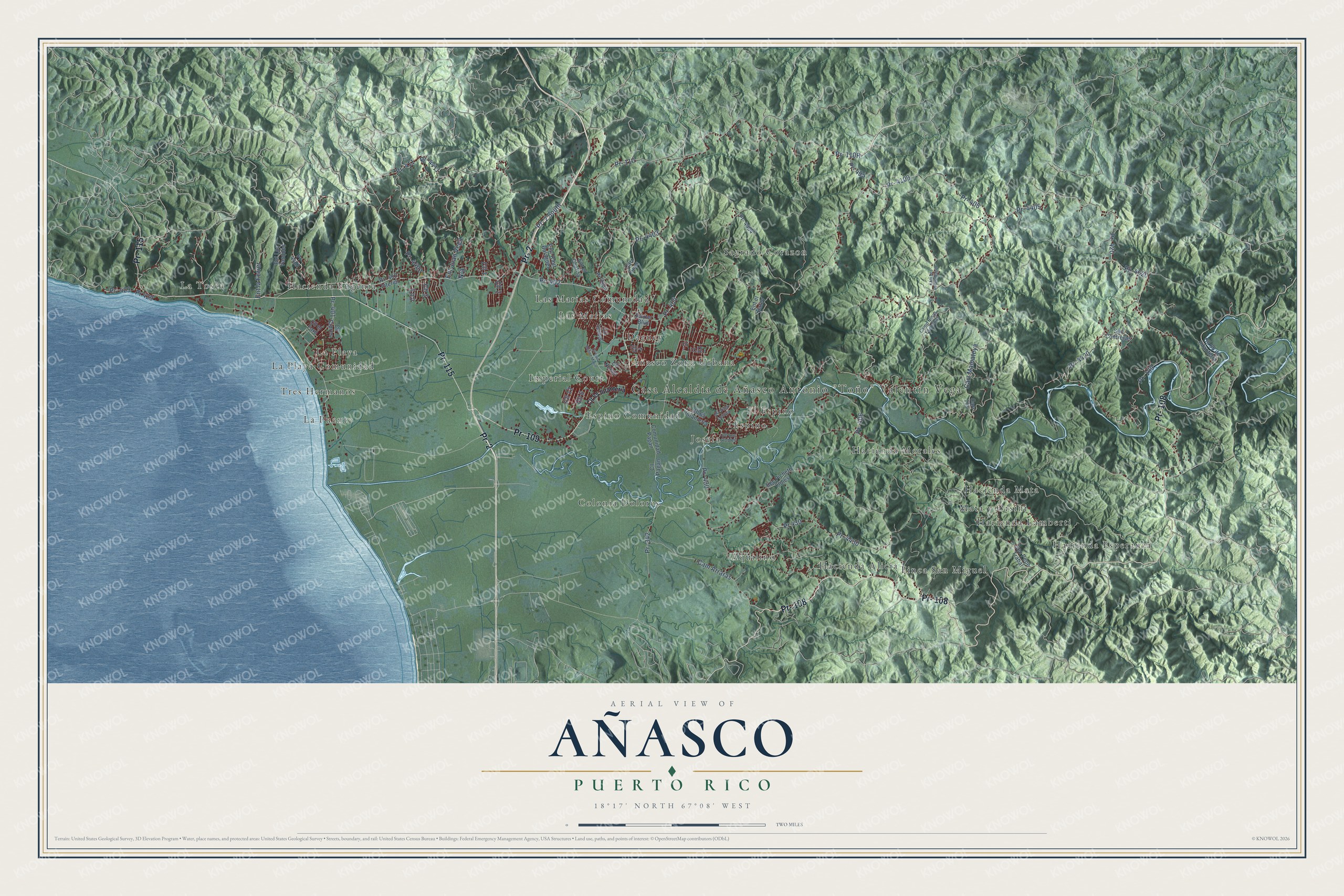 Full map of Añasco, Puerto Rico, with red buildings, printed street names and the land around them