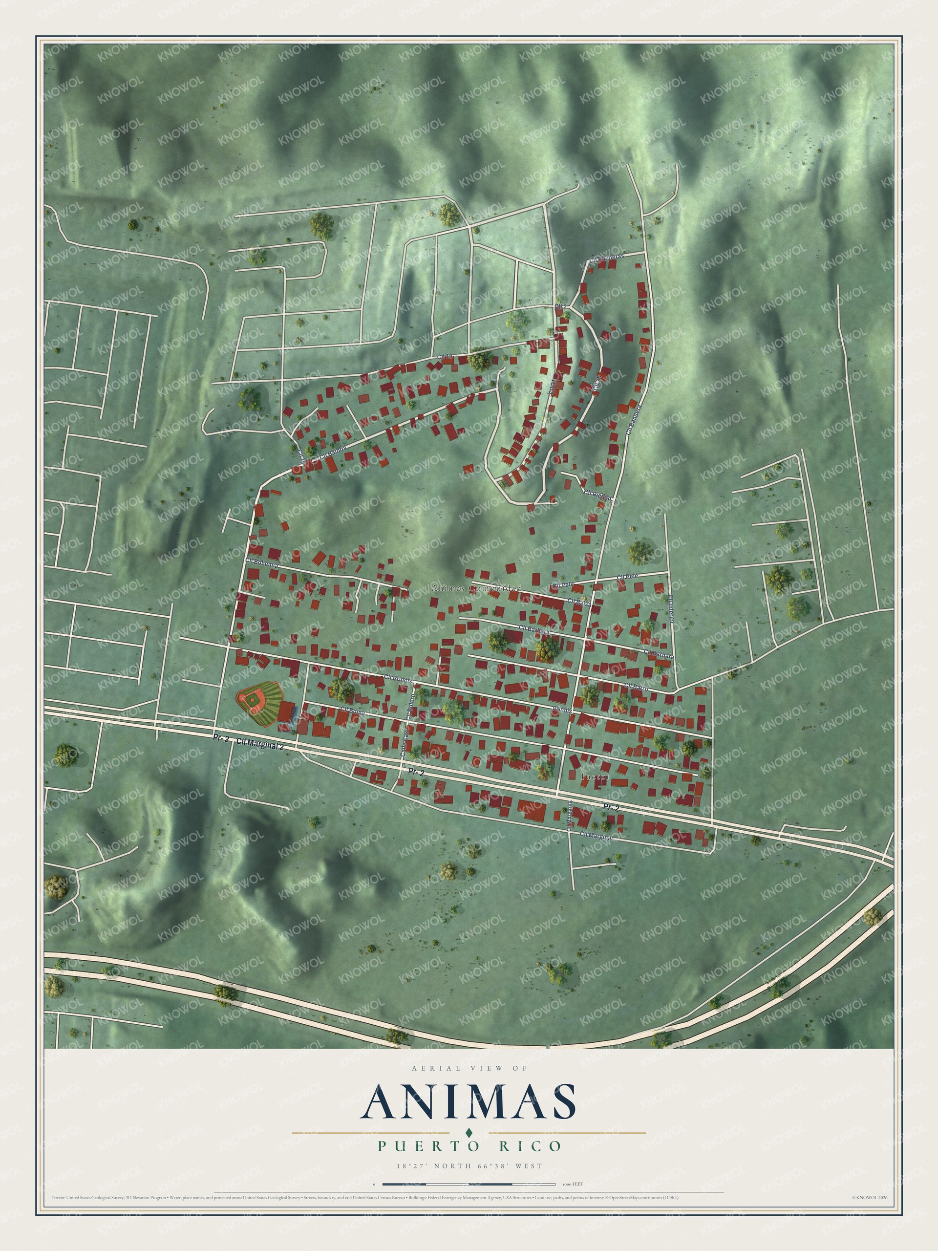 Full map of Animas, Puerto Rico, with red buildings, printed street names and the land around them