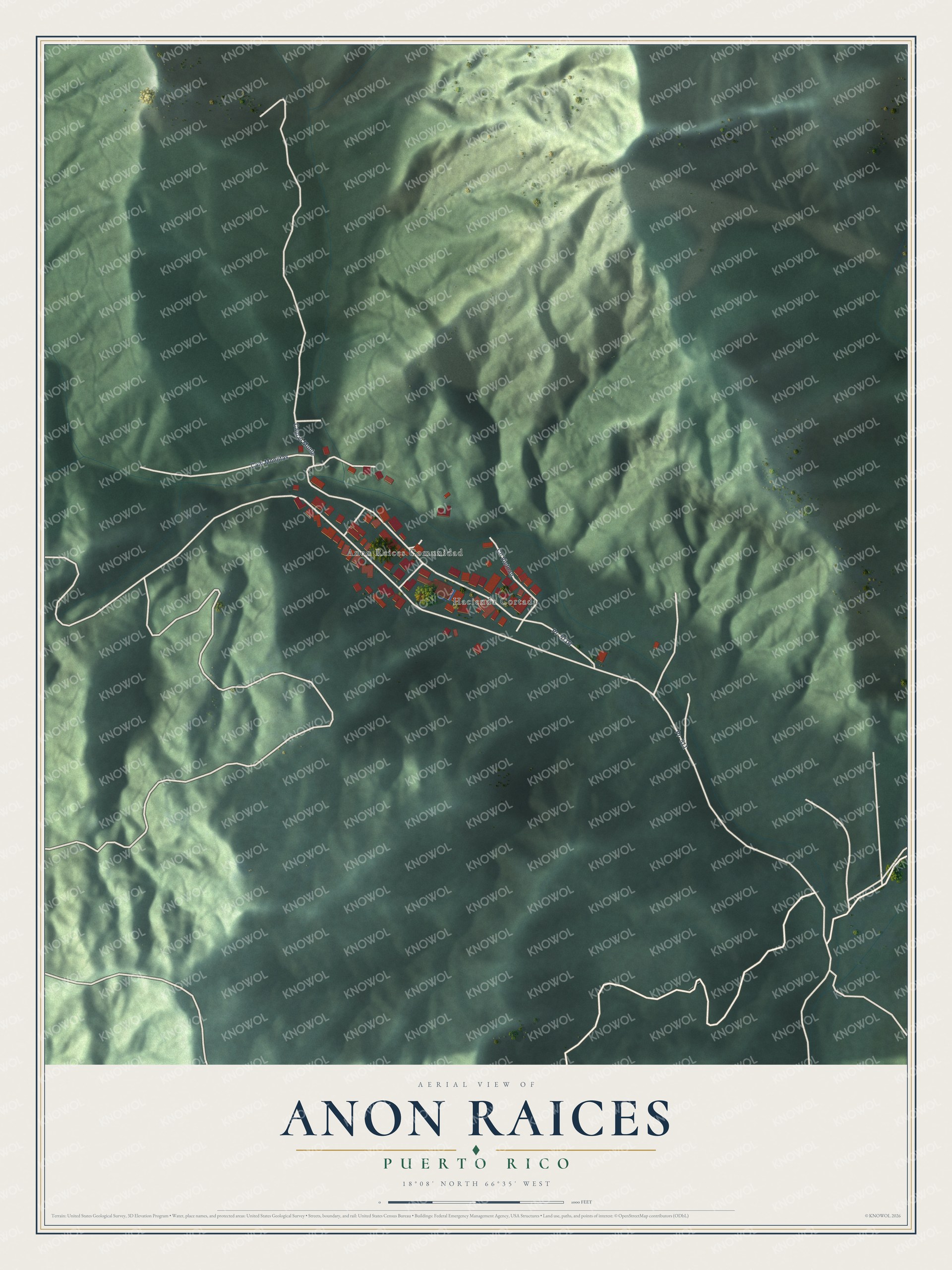 Full map of Anon Raices, Puerto Rico, with red buildings, printed street names and the land around them