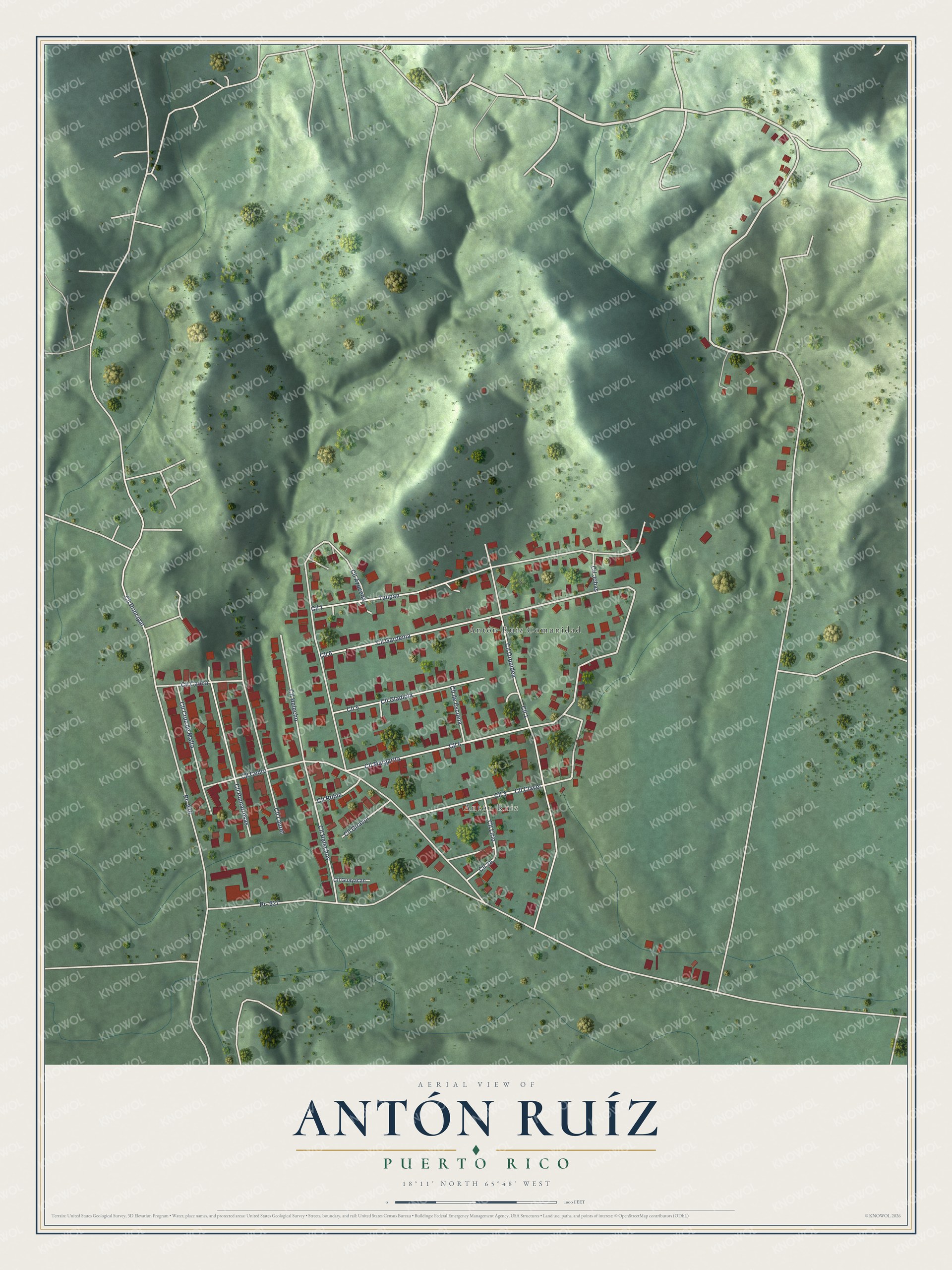Full map of Antón Ruíz, Puerto Rico, with red buildings, printed street names and the land around them