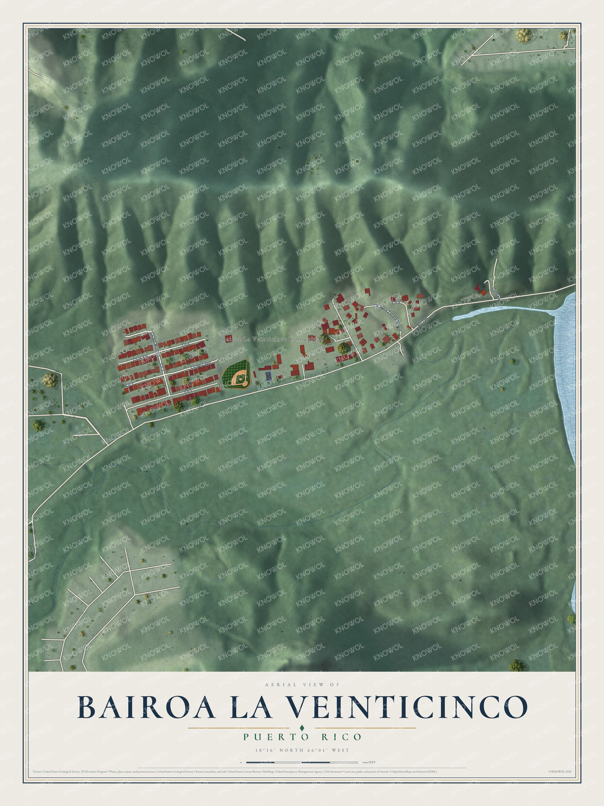 Full map of Bairoa La Veinticinco, Puerto Rico, with red buildings, printed street names and the land around them