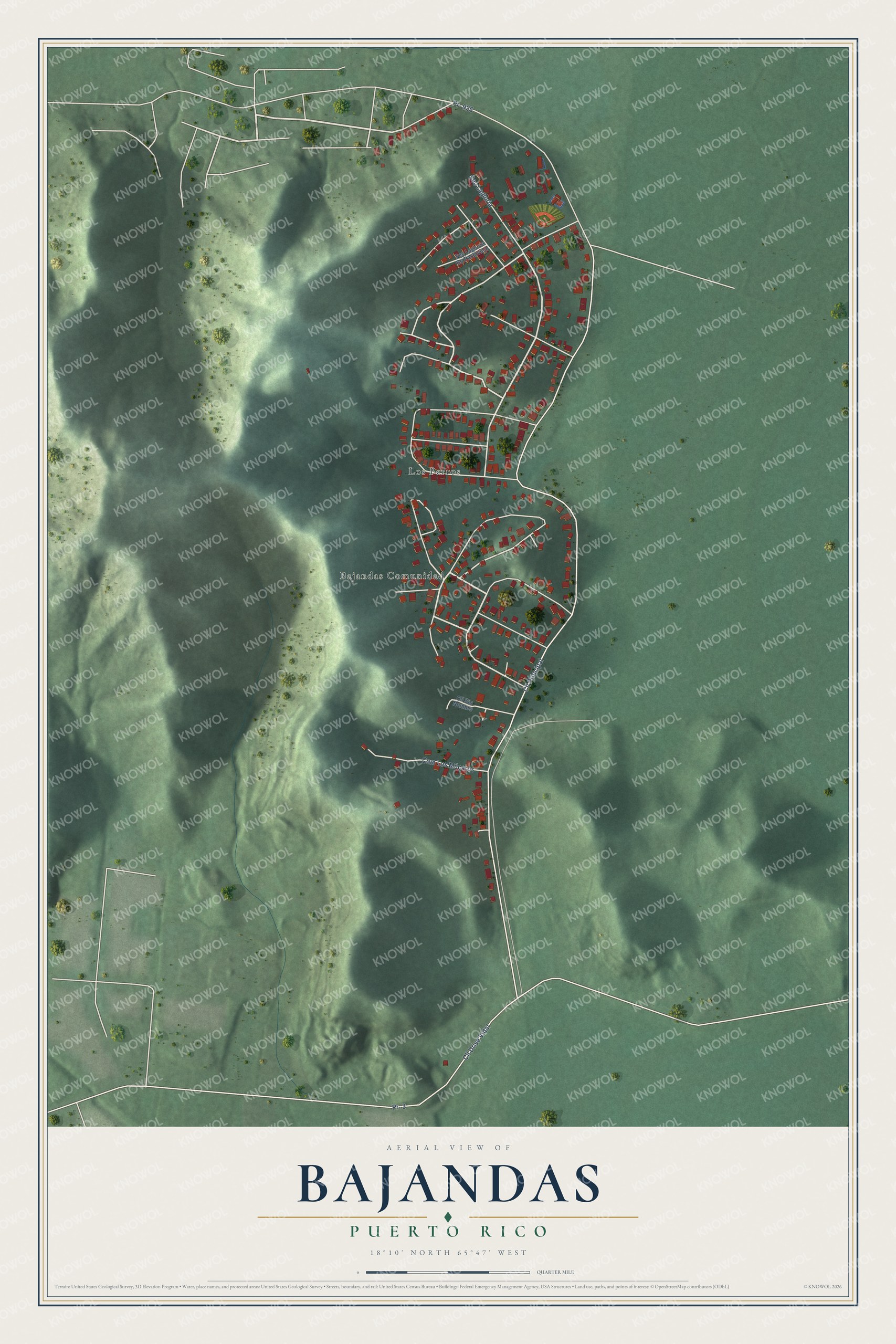 Full map of Bajandas, Puerto Rico, with red buildings, printed street names and the land around them