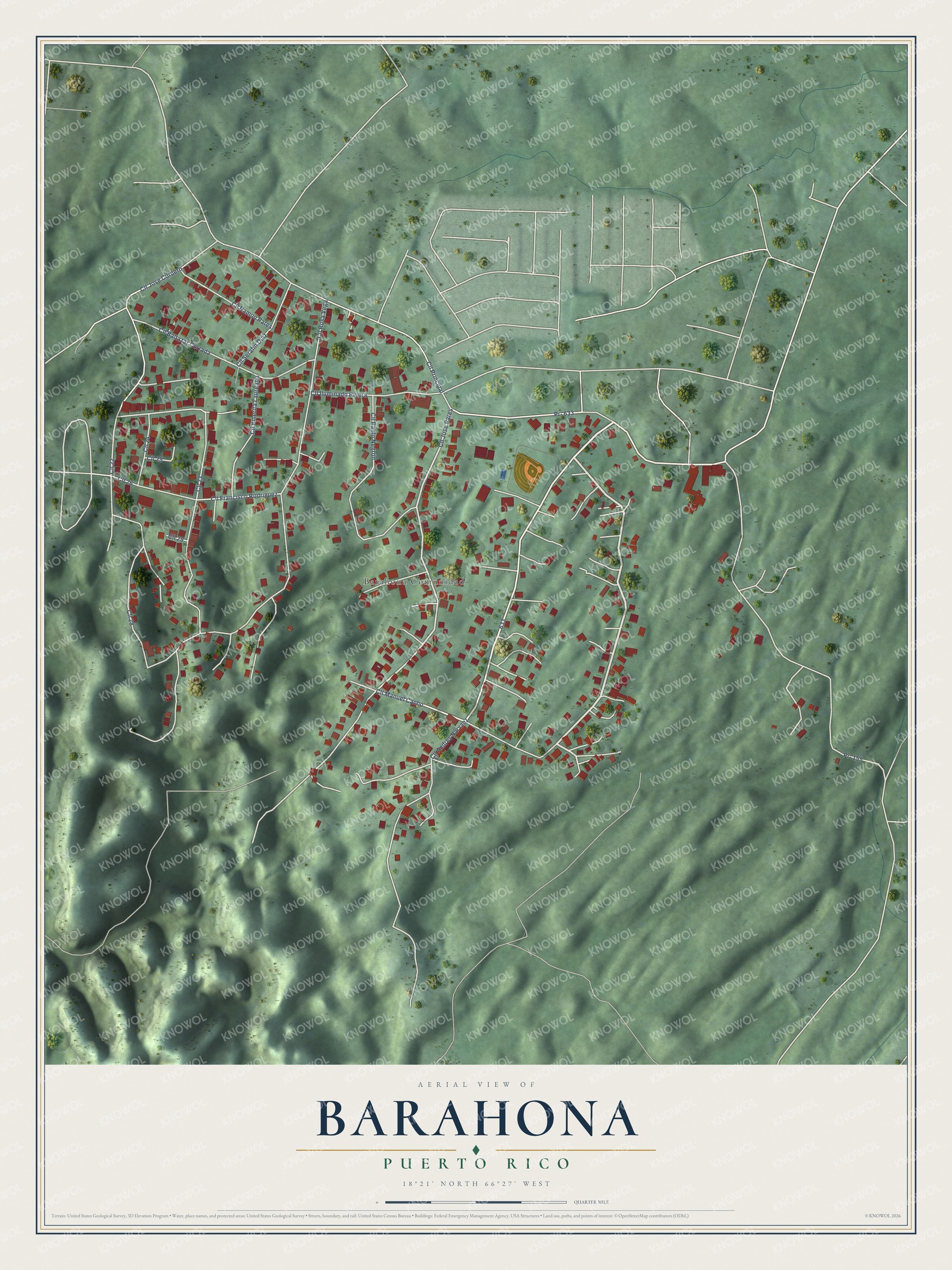 Full map of Barahona, Puerto Rico, with red buildings, printed street names and the land around them