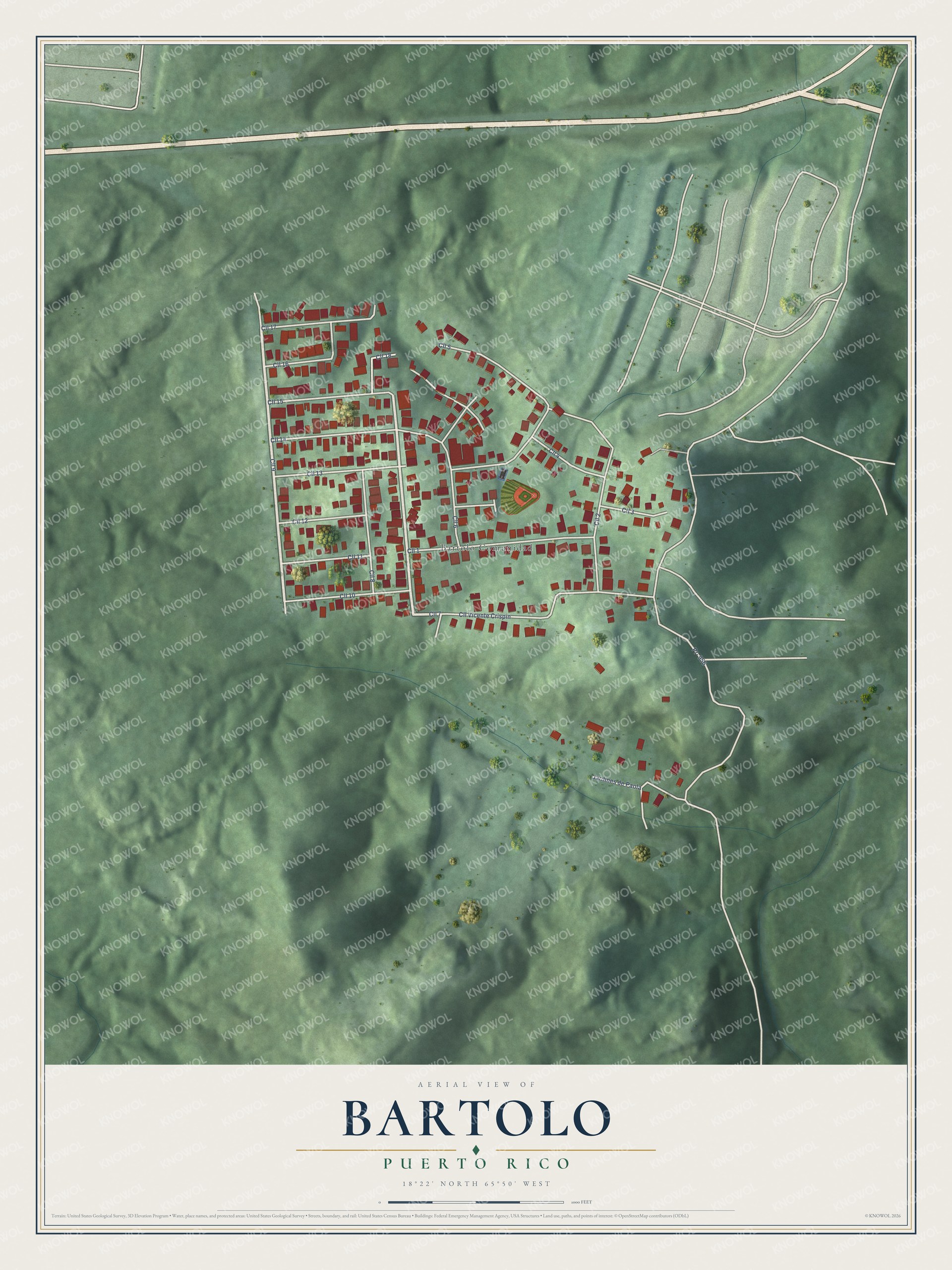 Full map of Bartolo, Puerto Rico, with red buildings, printed street names and the land around them