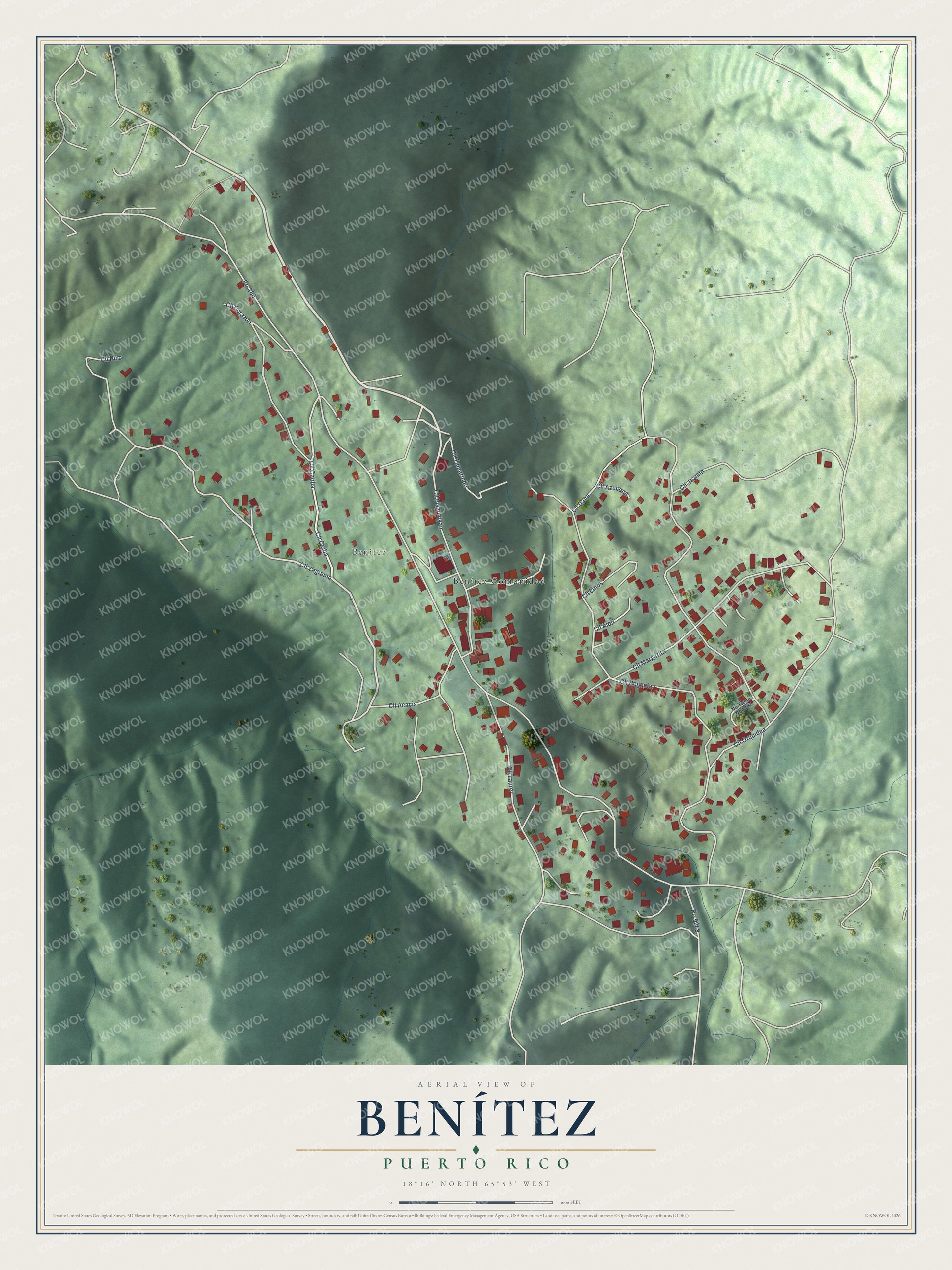 Full map of Benítez, Puerto Rico, with red buildings, printed street names and the land around them