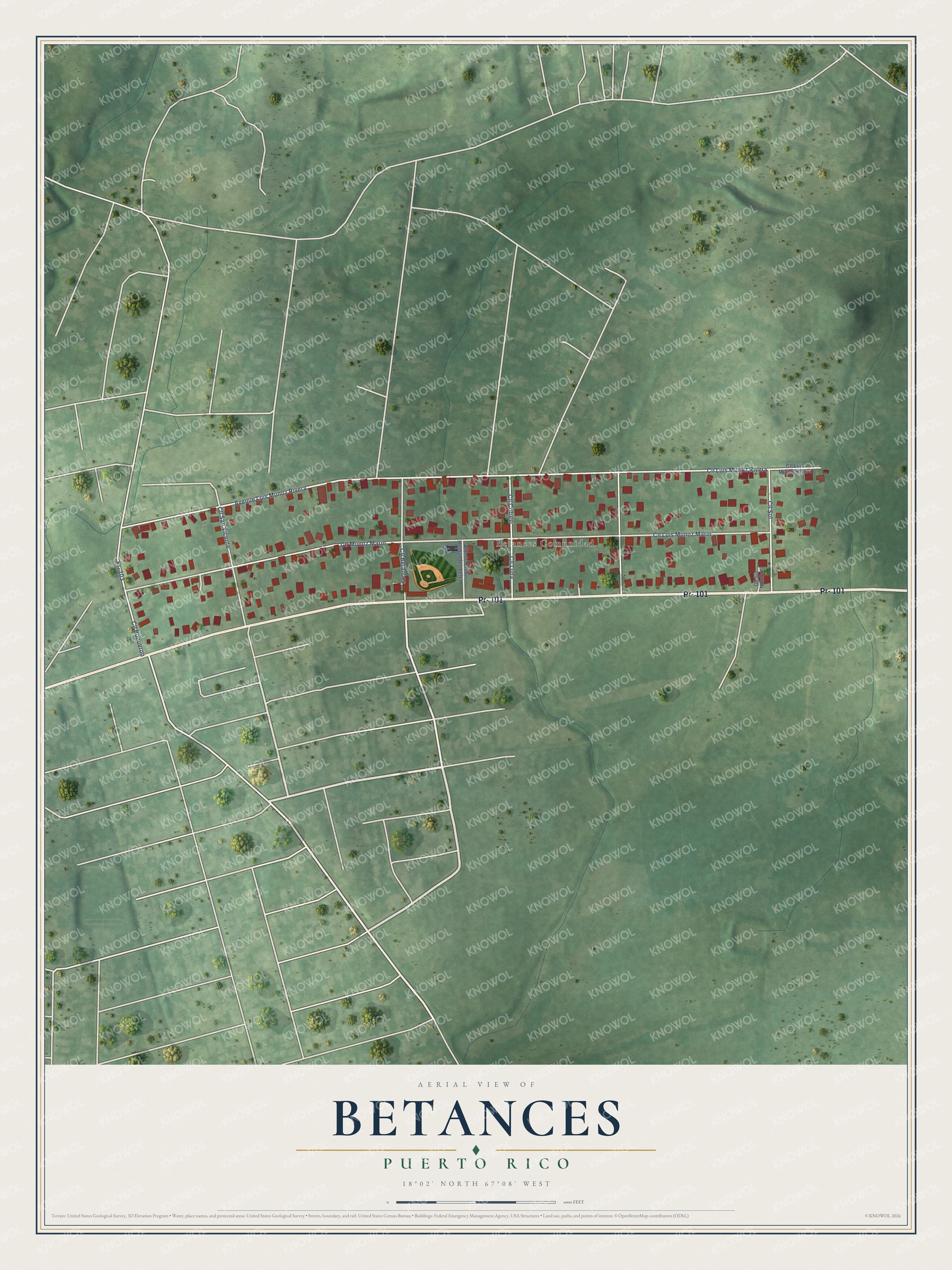 Full map of Betances, Puerto Rico, with red buildings, printed street names and the land around them