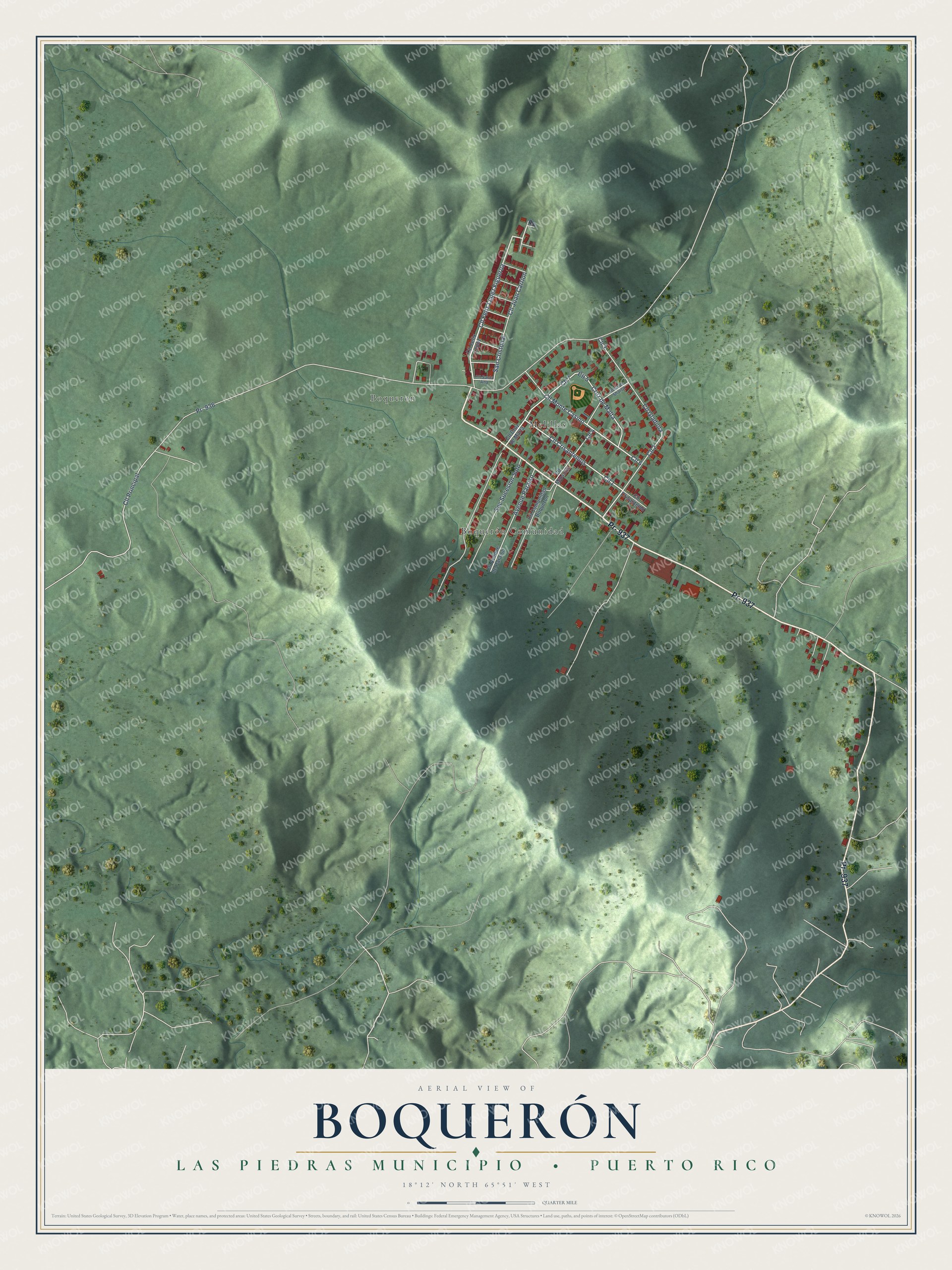 Full map of Boquerón, Puerto Rico, with red buildings, printed street names and the land around them