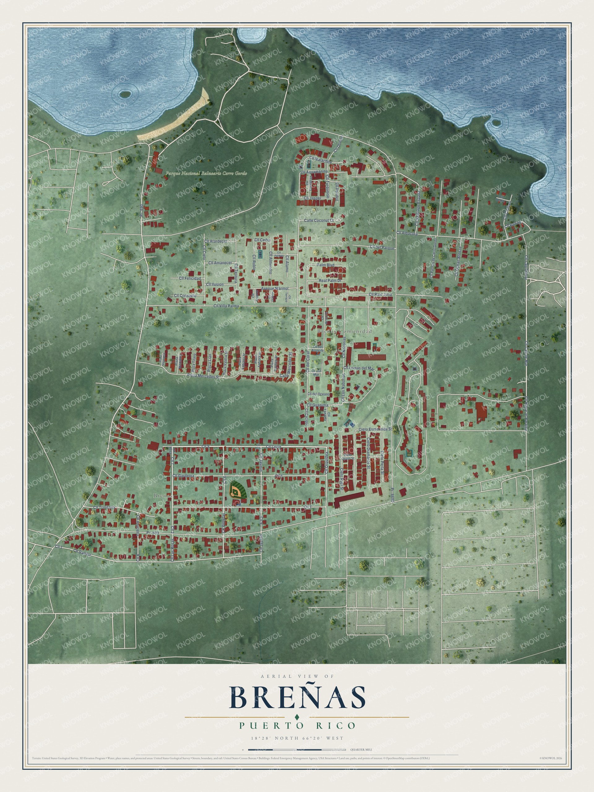 Full map of Breñas, Puerto Rico, with red buildings, printed street names and the land around them