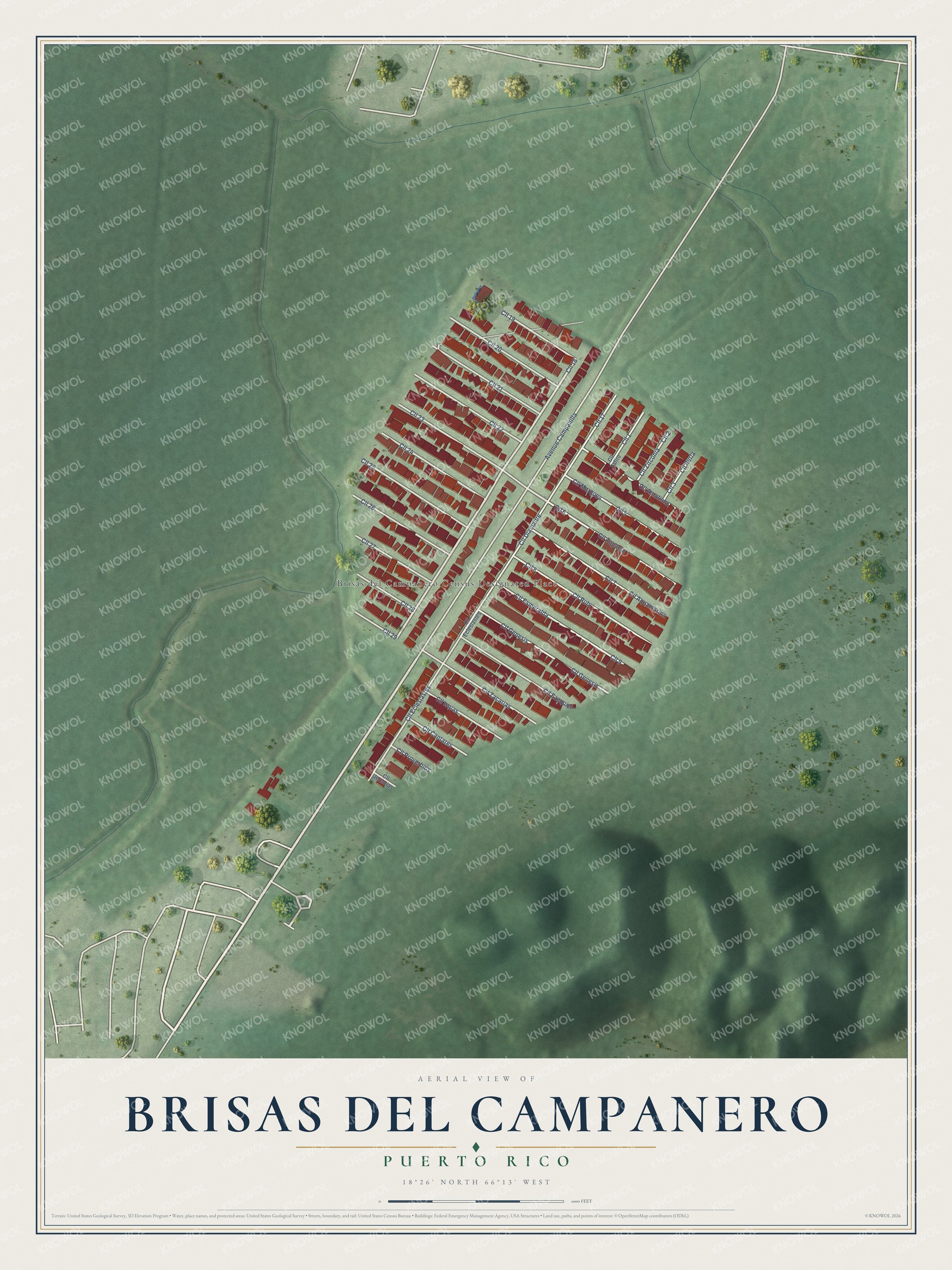 Full map of Brisas del Campanero, Puerto Rico, with red buildings, printed street names and the land around them