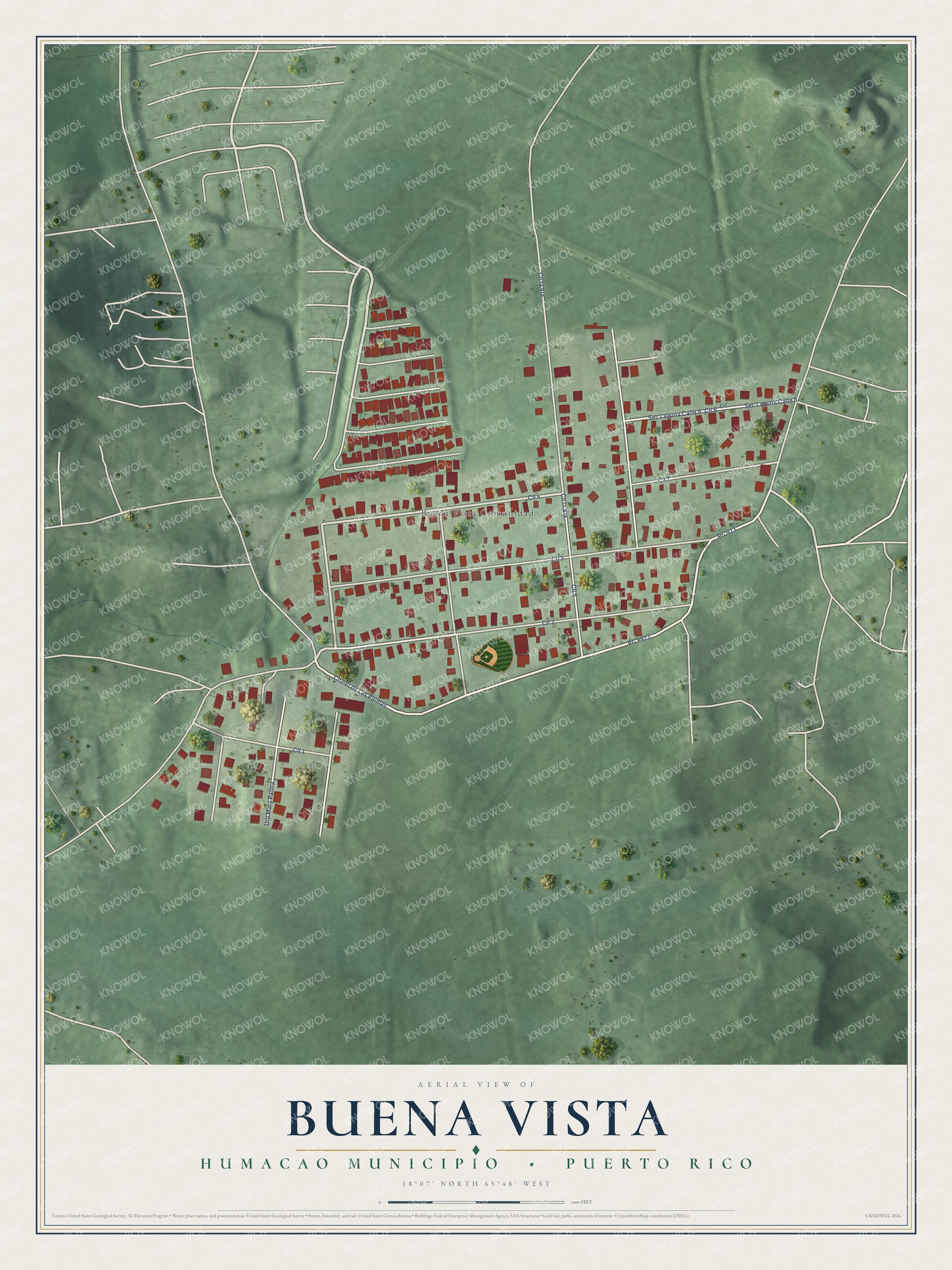 Full map of Buena Vista, Puerto Rico, with red buildings, printed street names and the land around them