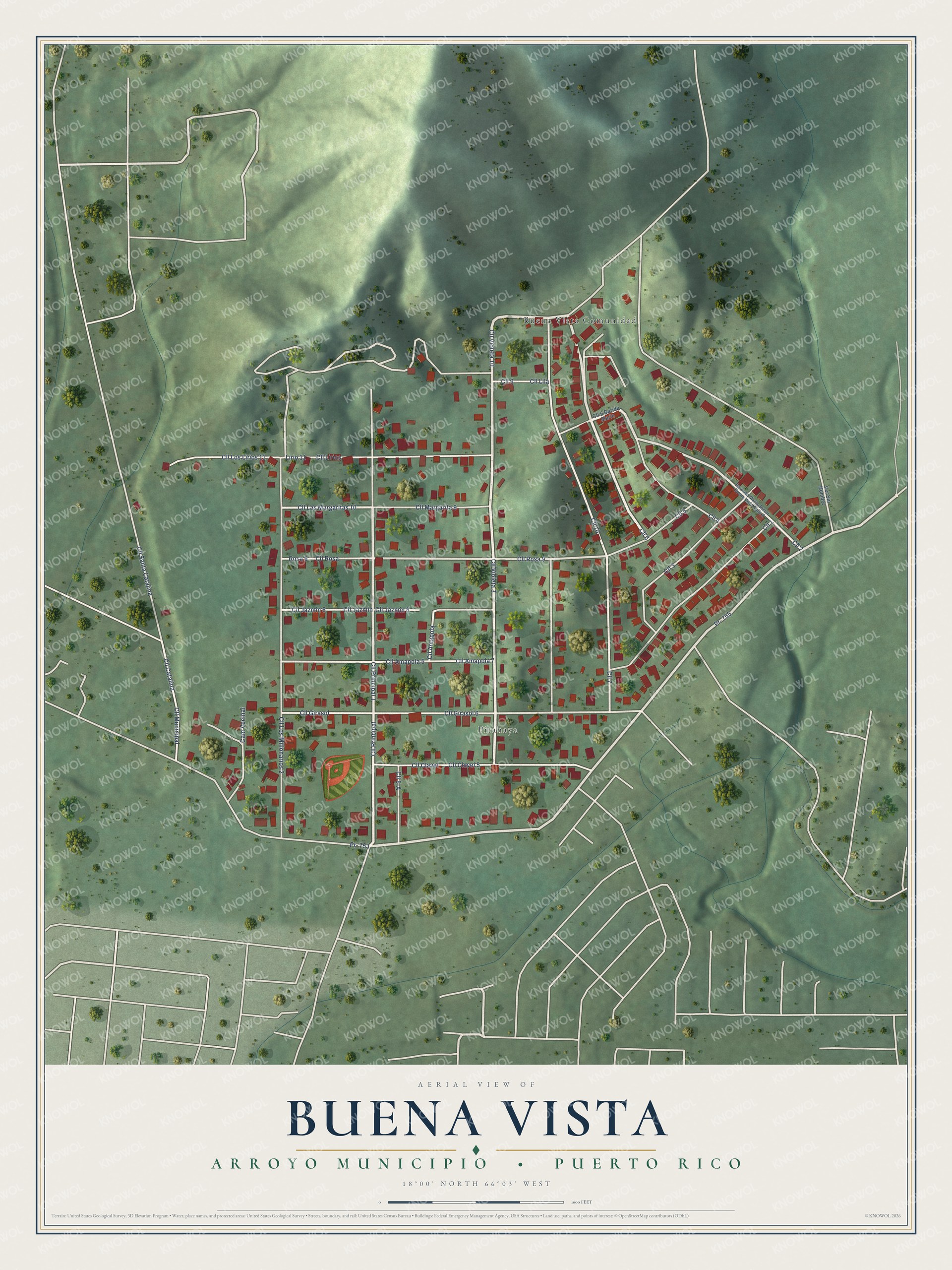 Full map of Buena Vista, Puerto Rico, with red buildings, printed street names and the land around them