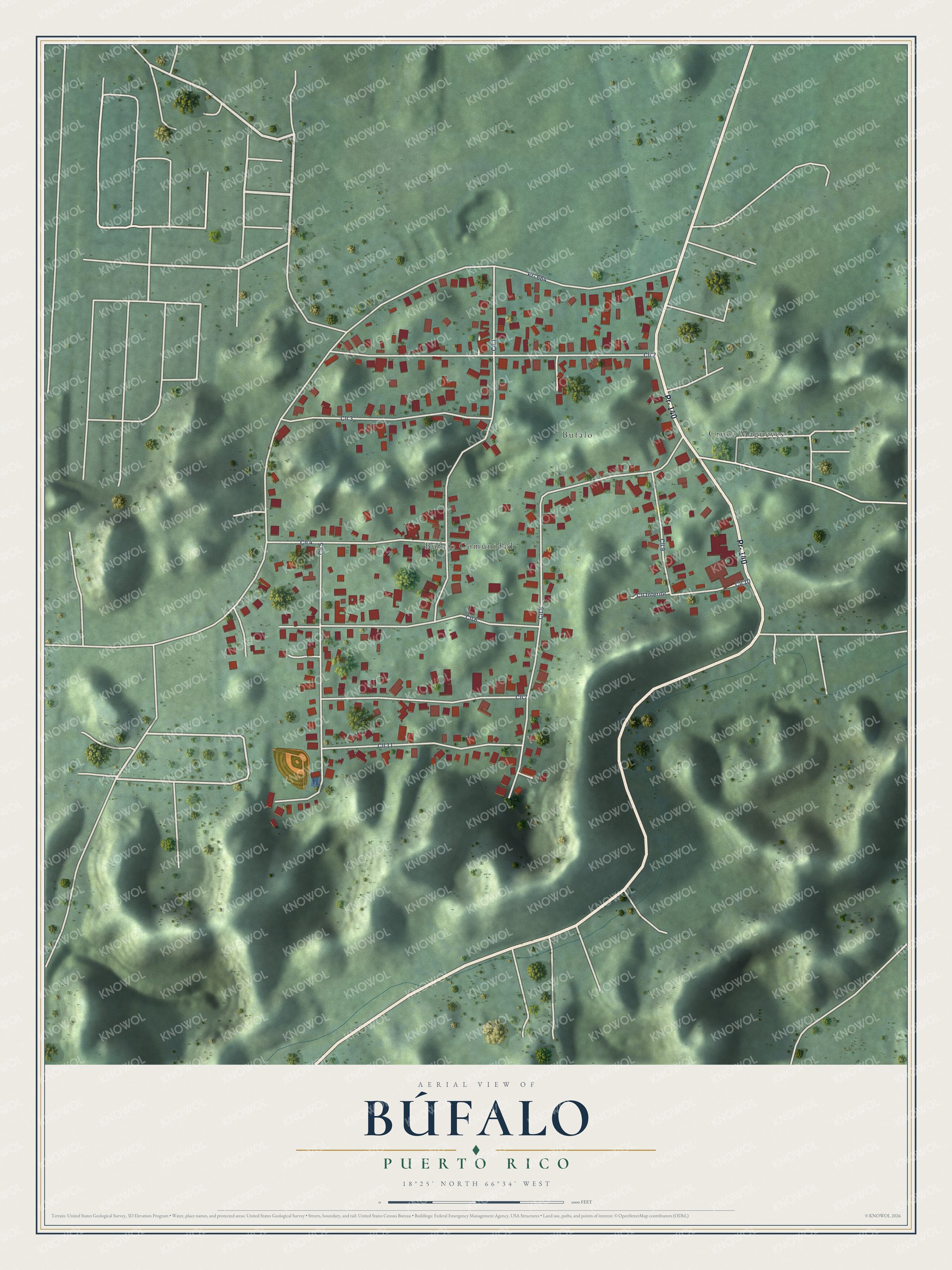 Full map of Búfalo, Puerto Rico, with red buildings, printed street names and the land around them